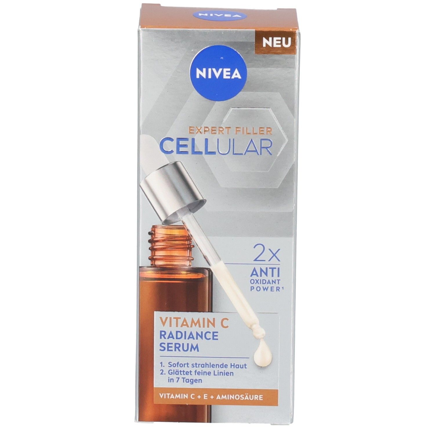 Produktverpackung mit Flasche und Pipette. Aufschrift: NIVEA, EXPERT FILLER CELLULAR, Vitamin C Radiance Serum. Neu.