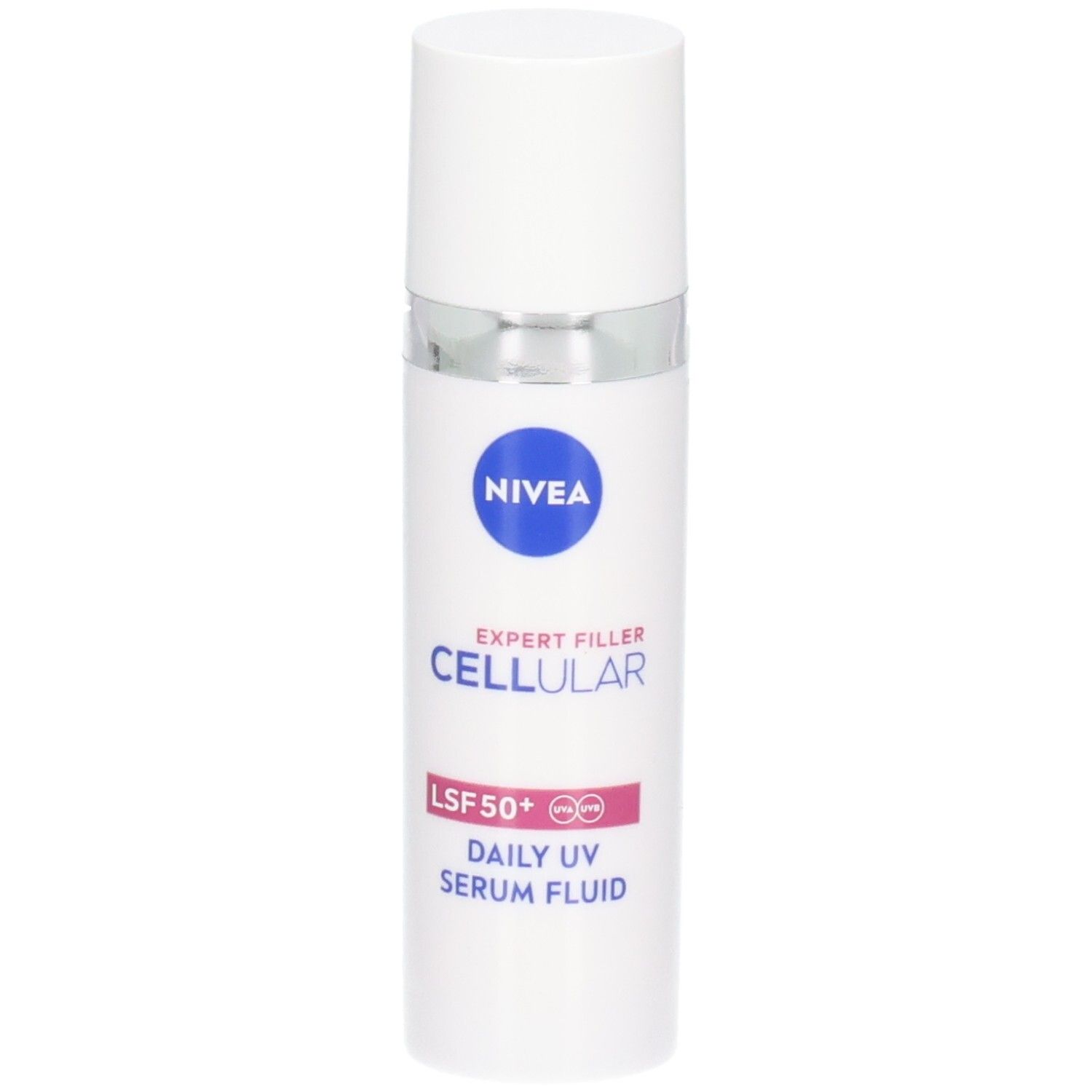 Weiße Flasche mit NIVEA-Logo, CELLULAR, Expert Filler, LSF 50+ und Daily UV Serum Fluid. Blauer Deckel.