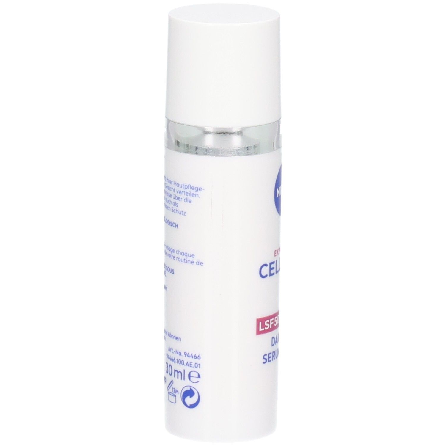Weiße Flasche mit NIVEA-Logo, CELLULAR, Expert Filler, LSF 50+ und Daily UV Serum Fluid. Rückseite mit Text.
