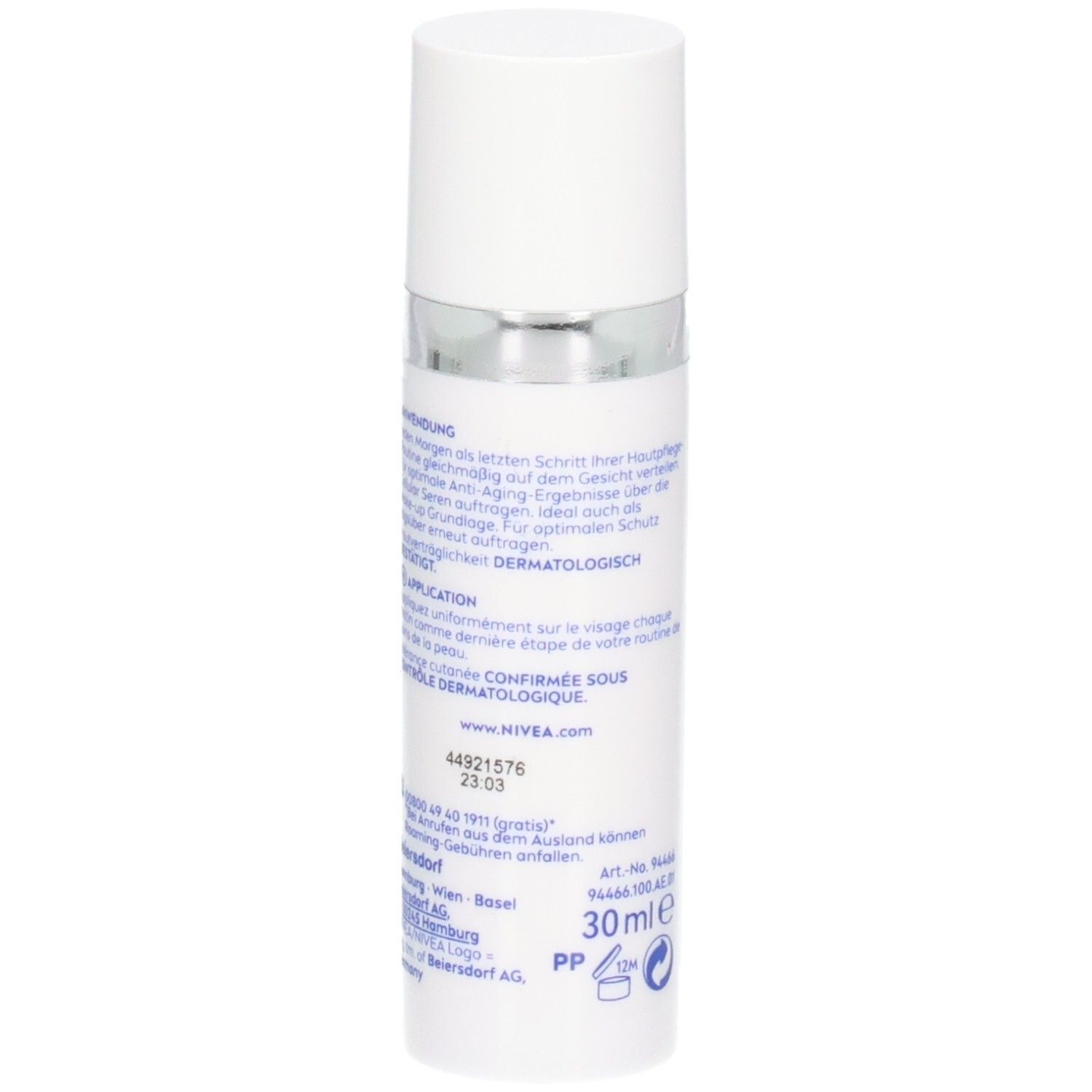 Weiße Flasche mit NIVEA-Logo, CELLULAR, Expert Filler, LSF 50+ und Daily UV Serum Fluid. Rückseite mit Text.
