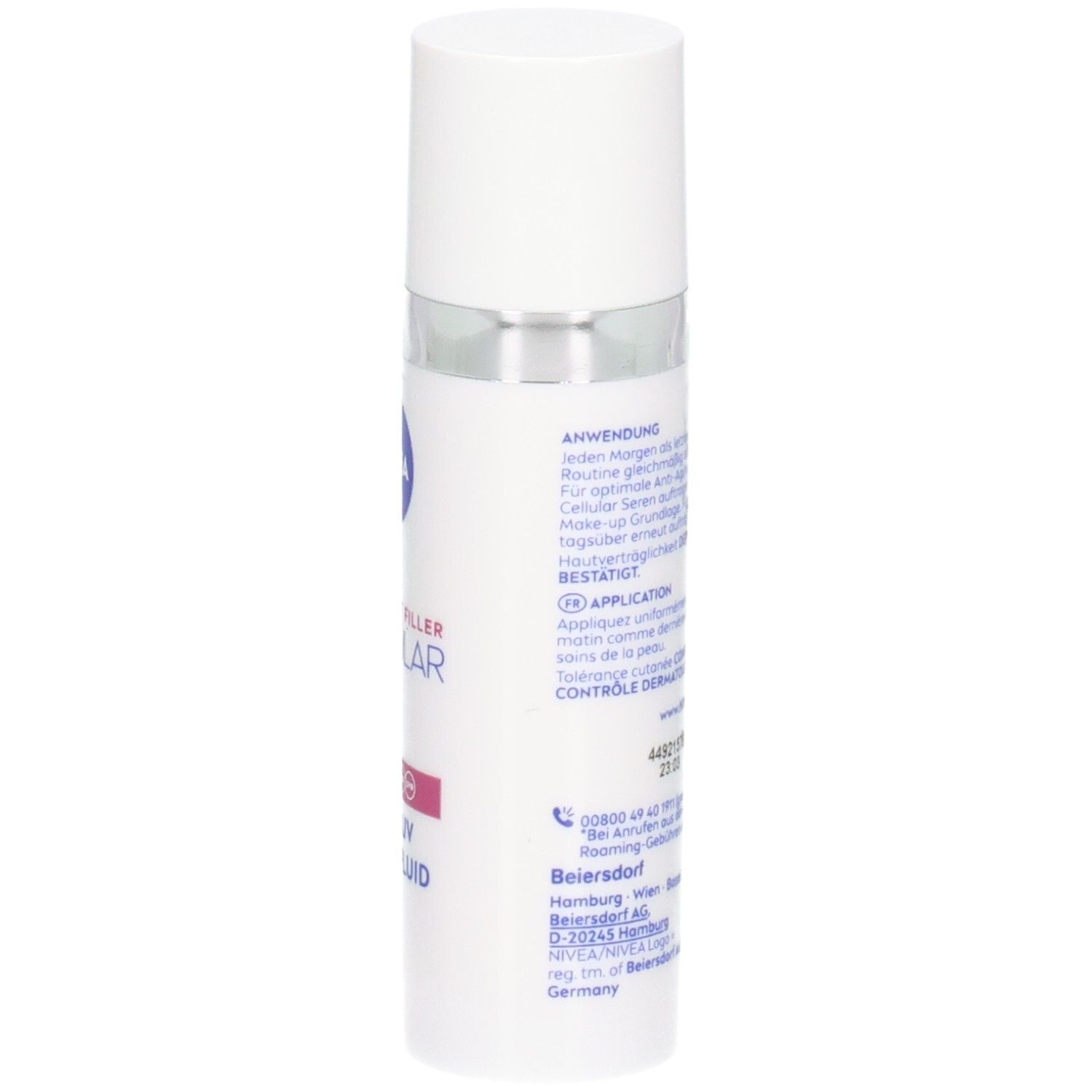 Weiße Flasche mit NIVEA-Logo, CELLULAR, Expert Filler, LSF 50+ und Daily UV Serum Fluid. Rückseite mit Text.