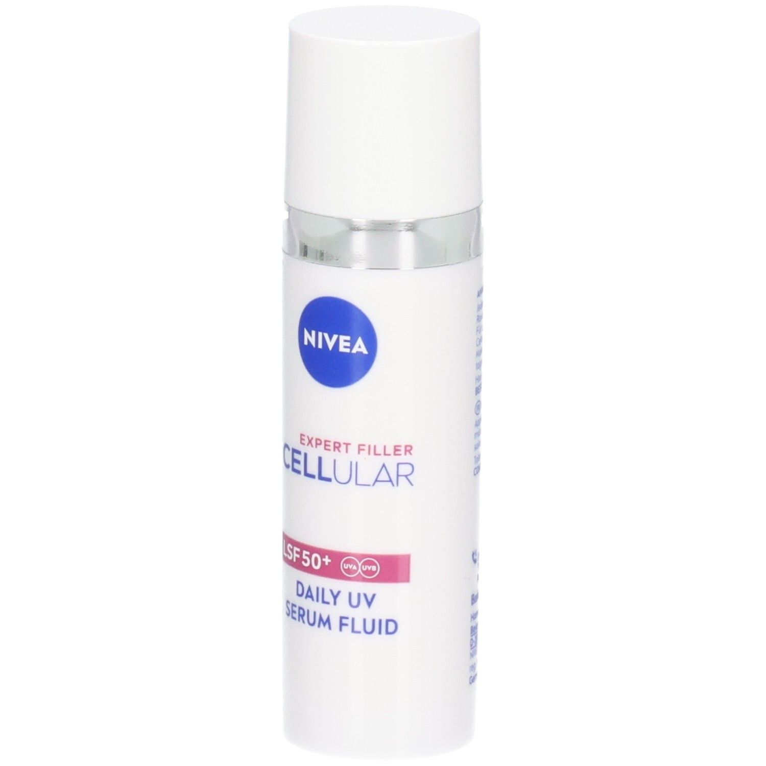 Weiße Flasche mit NIVEA-Logo, CELLULAR, Expert Filler, LSF 50+ und Daily UV Serum Fluid. Blauer Deckel.