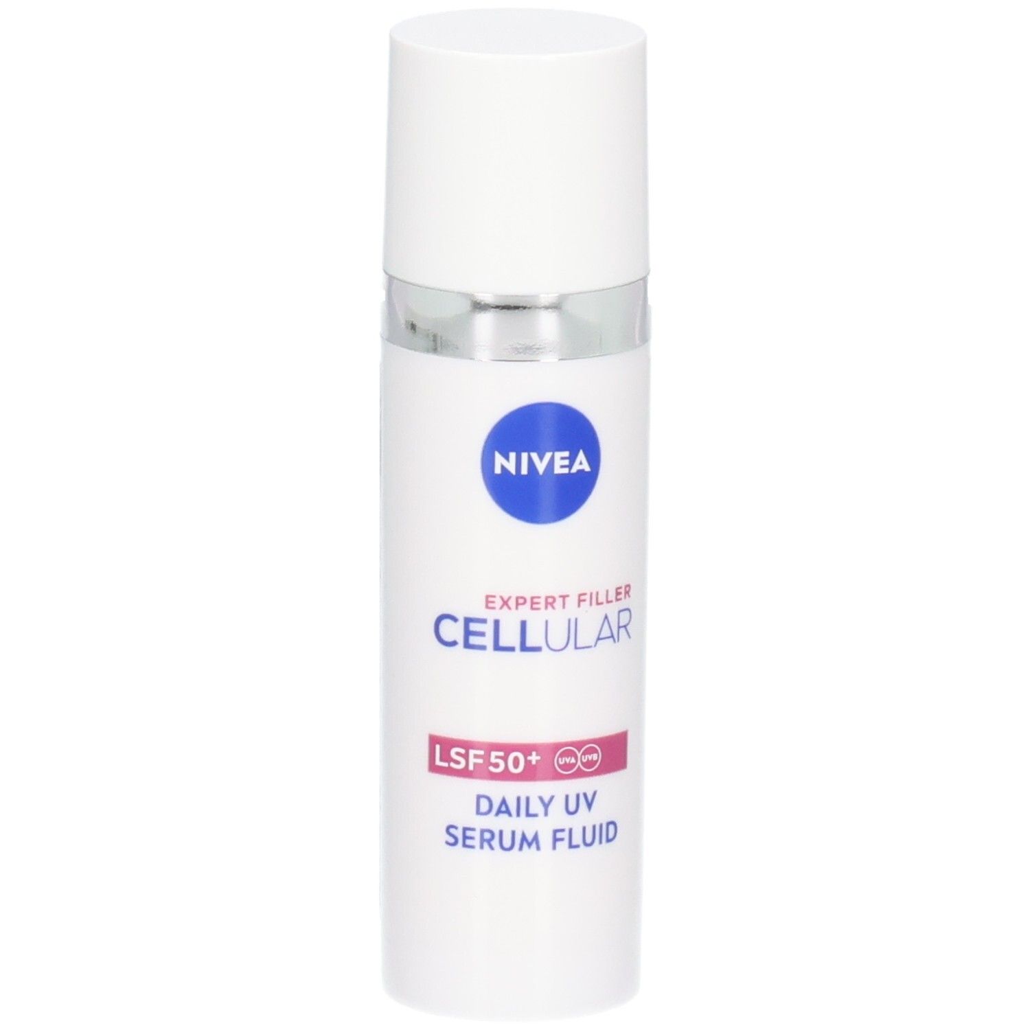 Weiße Flasche mit NIVEA-Logo, CELLULAR, Expert Filler, LSF 50+ und Daily UV Serum Fluid. Blauer Deckel.