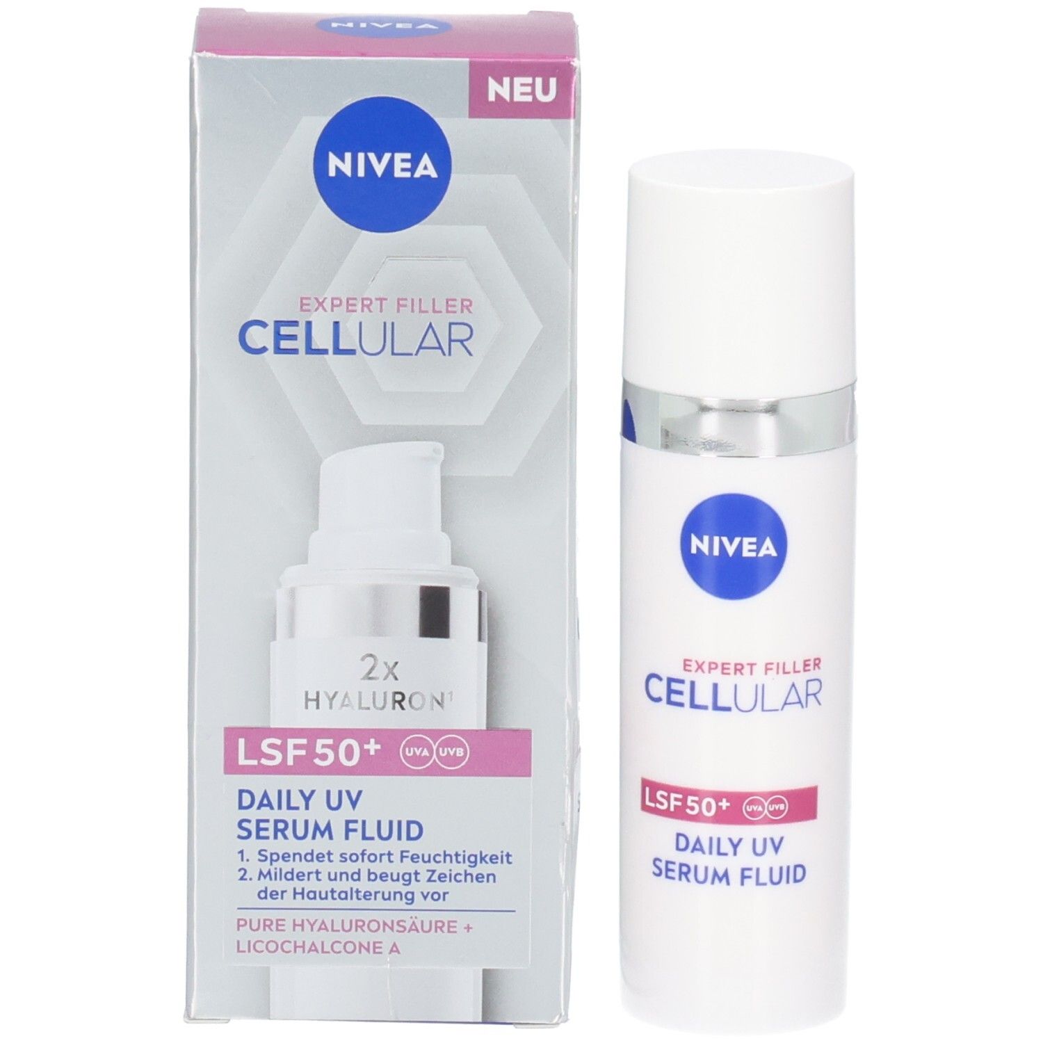Produkt und Verpackung von NIVEA CELLULAR Expert Filler Daily UV Serum Fluid LSF 50+. Neu-Label.