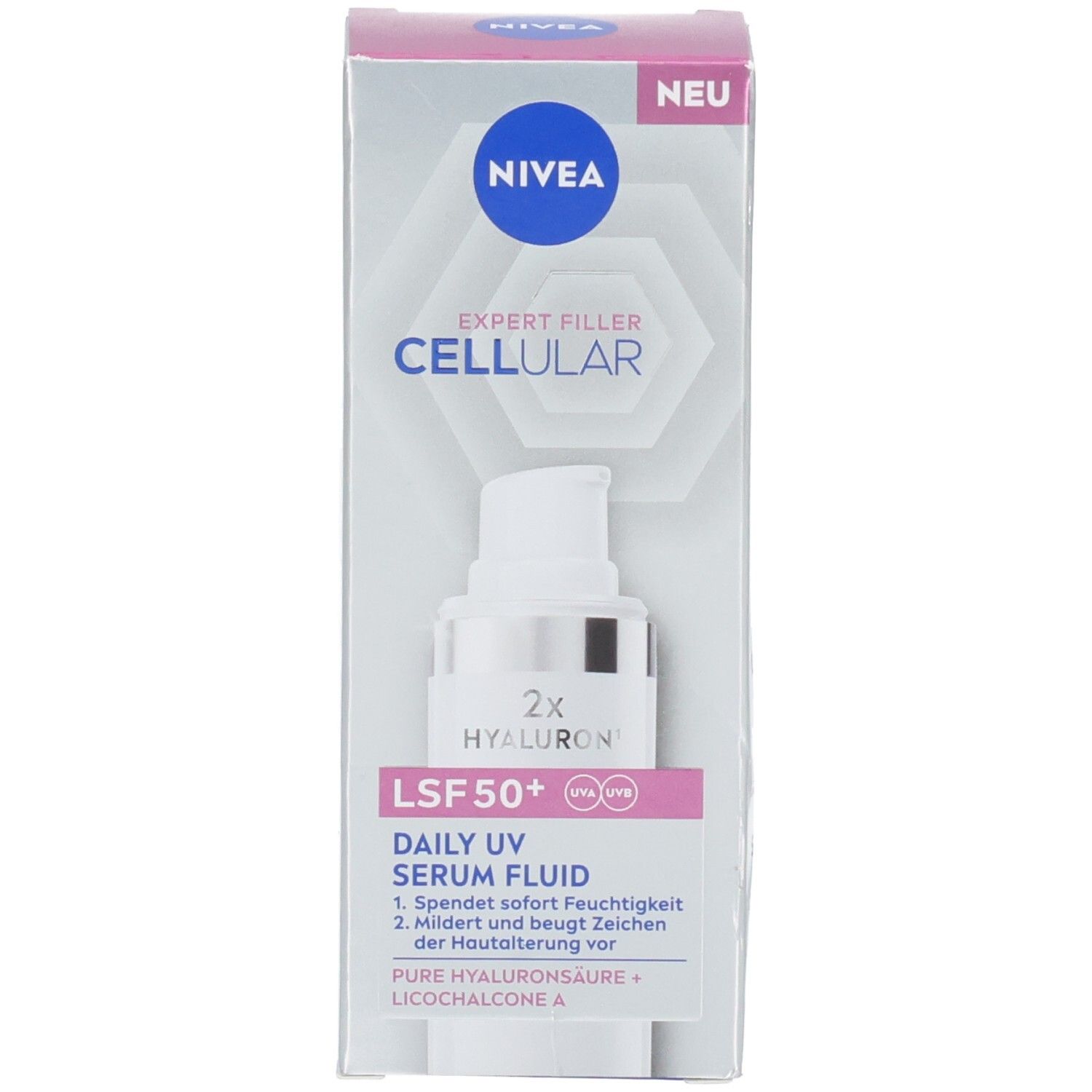 Produkt und Verpackung von NIVEA CELLULAR Expert Filler Daily UV Serum Fluid LSF 50+. Neu-Label.