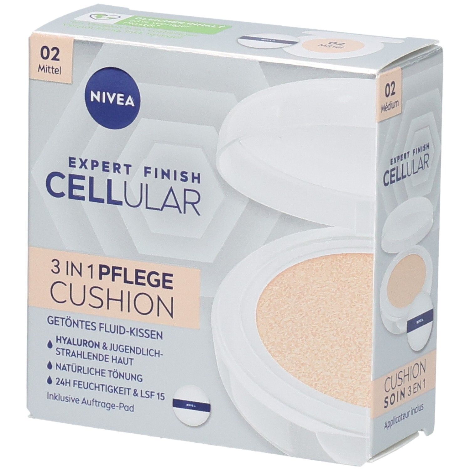 NIVEA CELLULAR Expert Finish 3in1 Pflege Cushion Mittel. Verpackung mit Produkt und Applikator. Farbton 02 Mittel. Inklusive Applikator-Pad.
