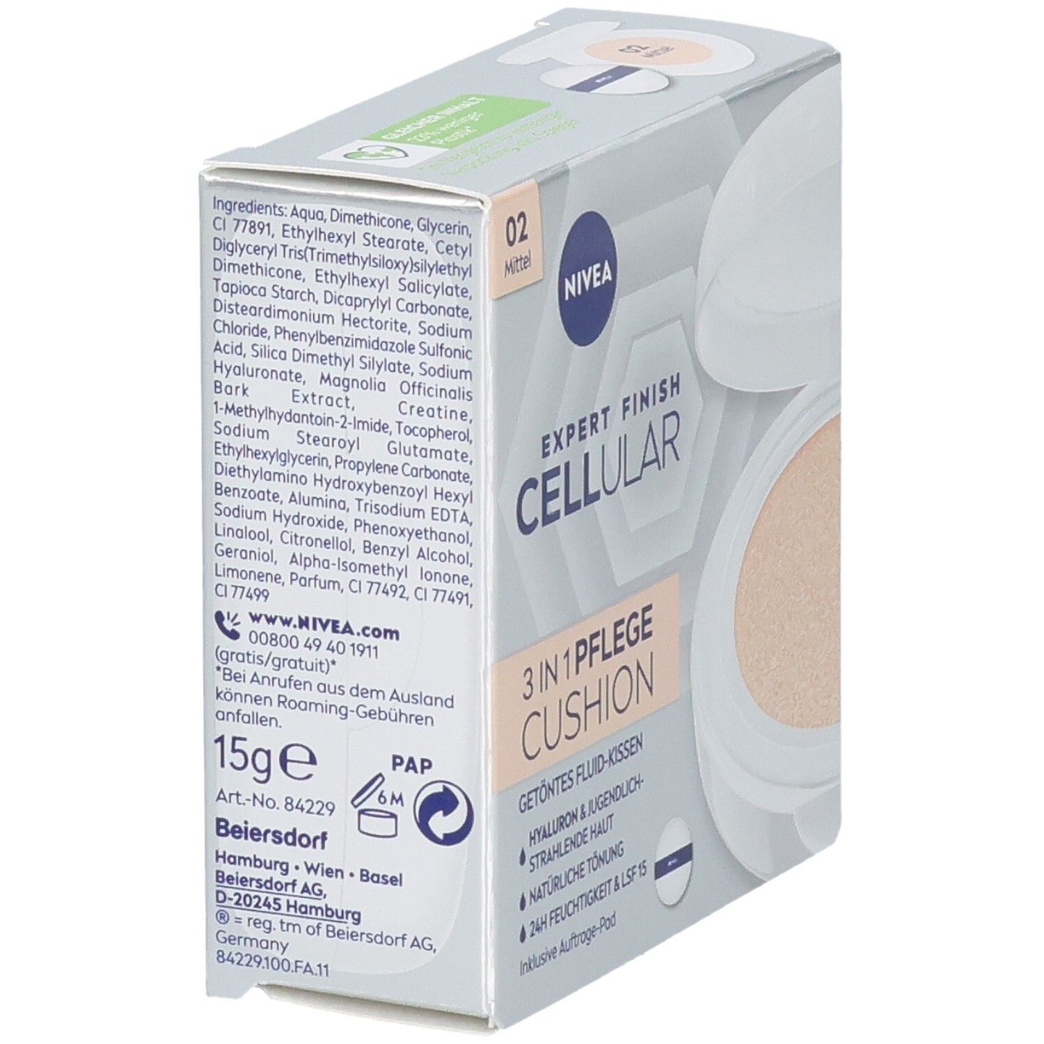 NIVEA CELLULAR Expert Finish 3in1 Pflege Cushion Mittel. Verpackung mit Inhaltsstoffen und Produktinformationen. Farbton 02 Mittel. 15g.