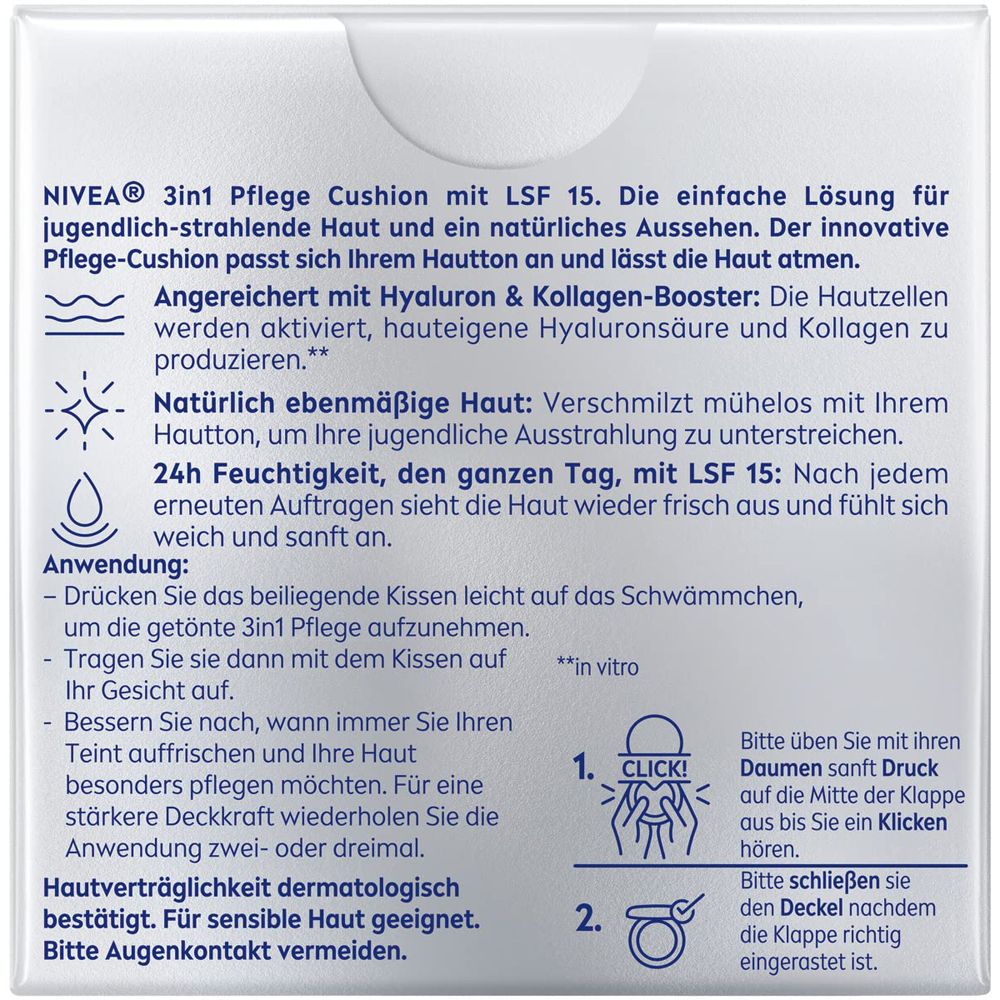 Rückseite der NIVEA CELLULAR Expert Finish 3in1 Pflege Cushion Verpackung mit Produktinformationen.