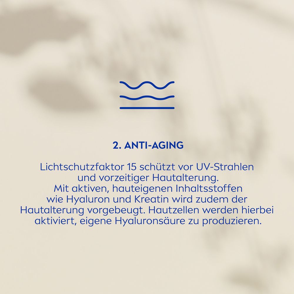 Symbol und Text: 2. ANTI-AGING. LSF 15 schützt vor UV-Strahlen.