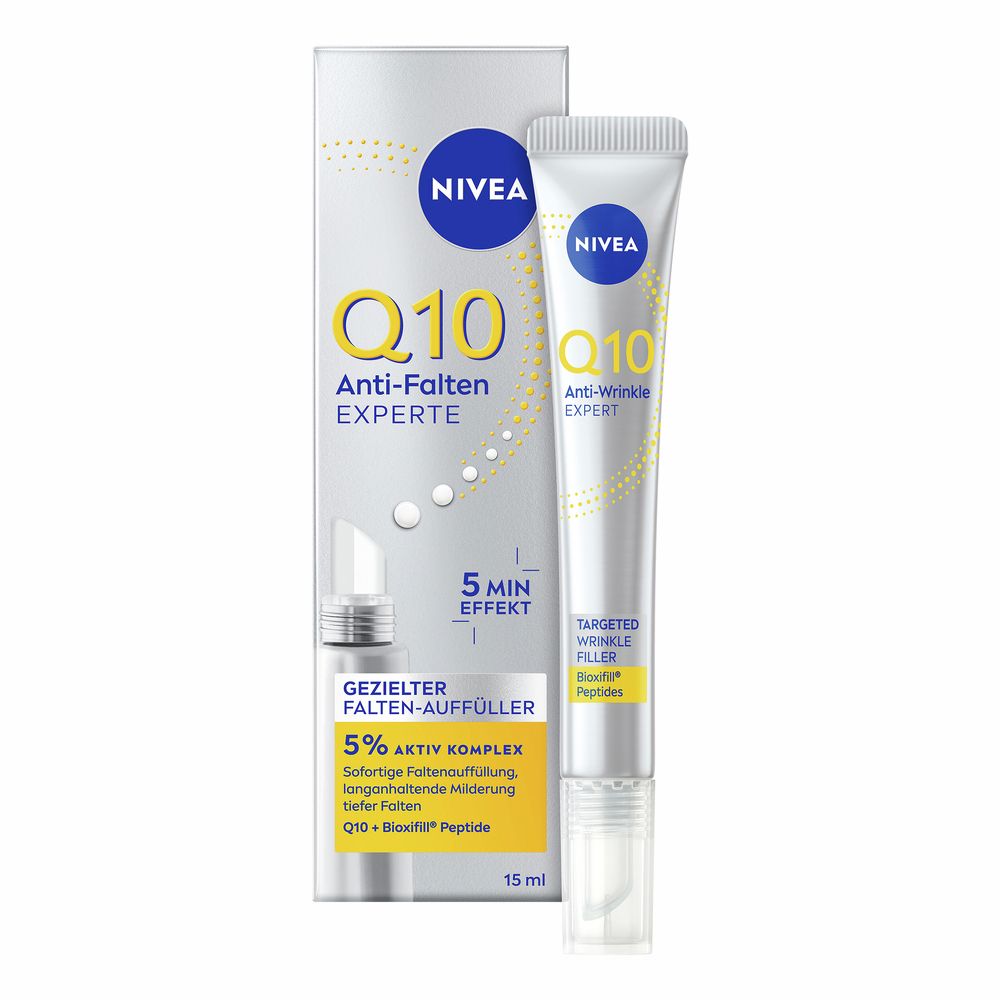 NIVEA Q10 Anti-Falten Experte Gezielter Falten-Auffüller Tube und Kartonverpackung.