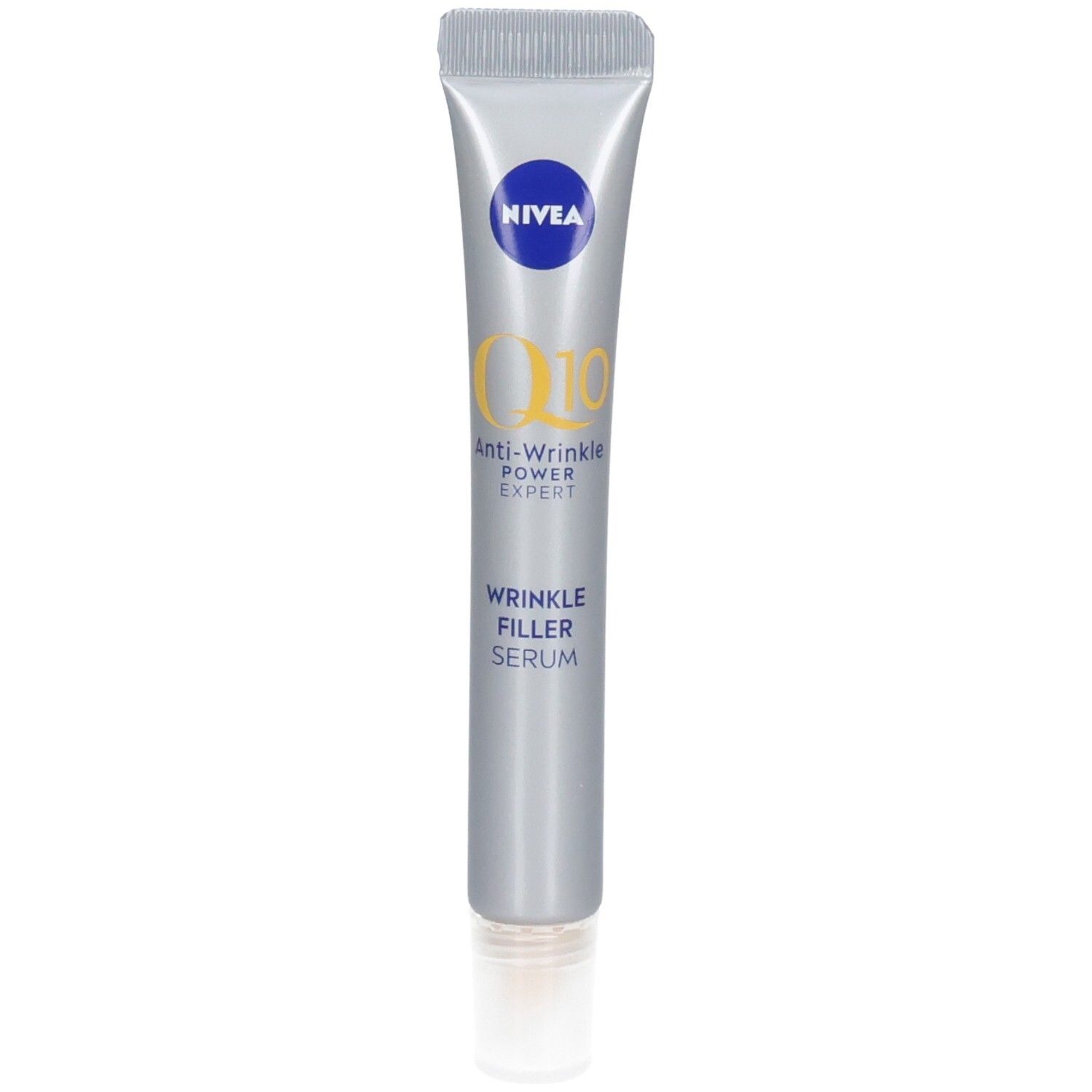 Silberne Tube mit NIVEA-Logo und Q10-Schriftzug. Text: Anti-Wrinkle Power Expert, Wrinkle Filler Serum. Weiße Spitze.