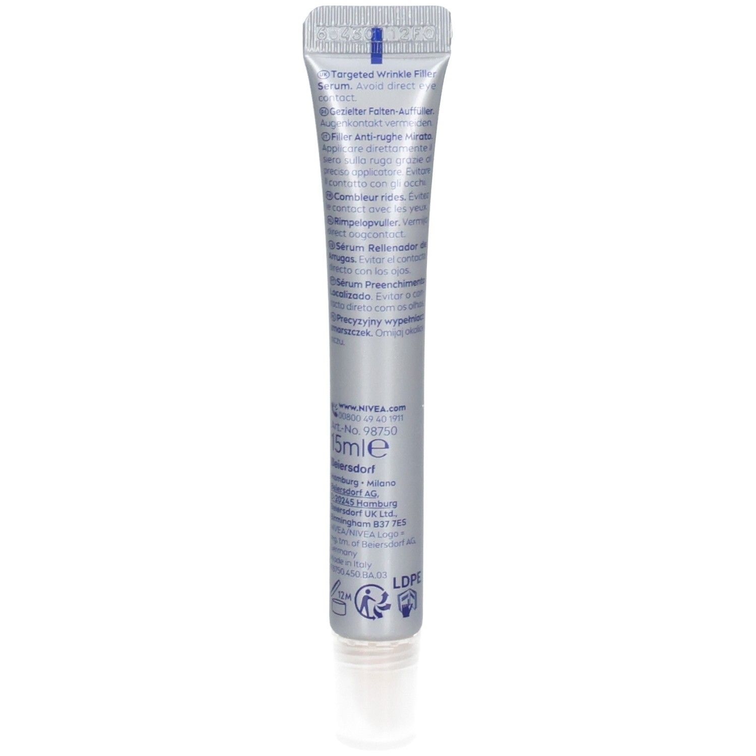 Rückseite der Tube. Text in mehreren Sprachen. NIVEA-Logo, Produktinformationen, Inhaltsstoffe, Herstelleradresse, Recycling-Symbol.
