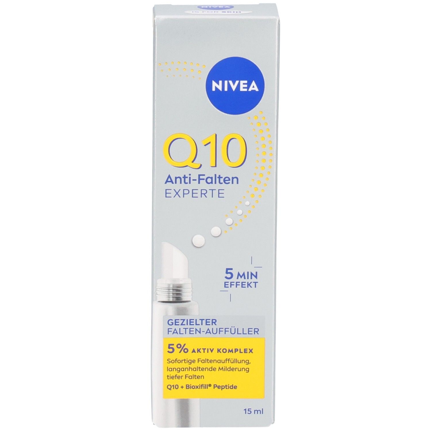 Produktverpackung. NIVEA Q10 Anti-Falten EXPERTE. Gezielter Falten-Auffüller. 5 MIN Effekt. 15 ml. Produktabbildung.