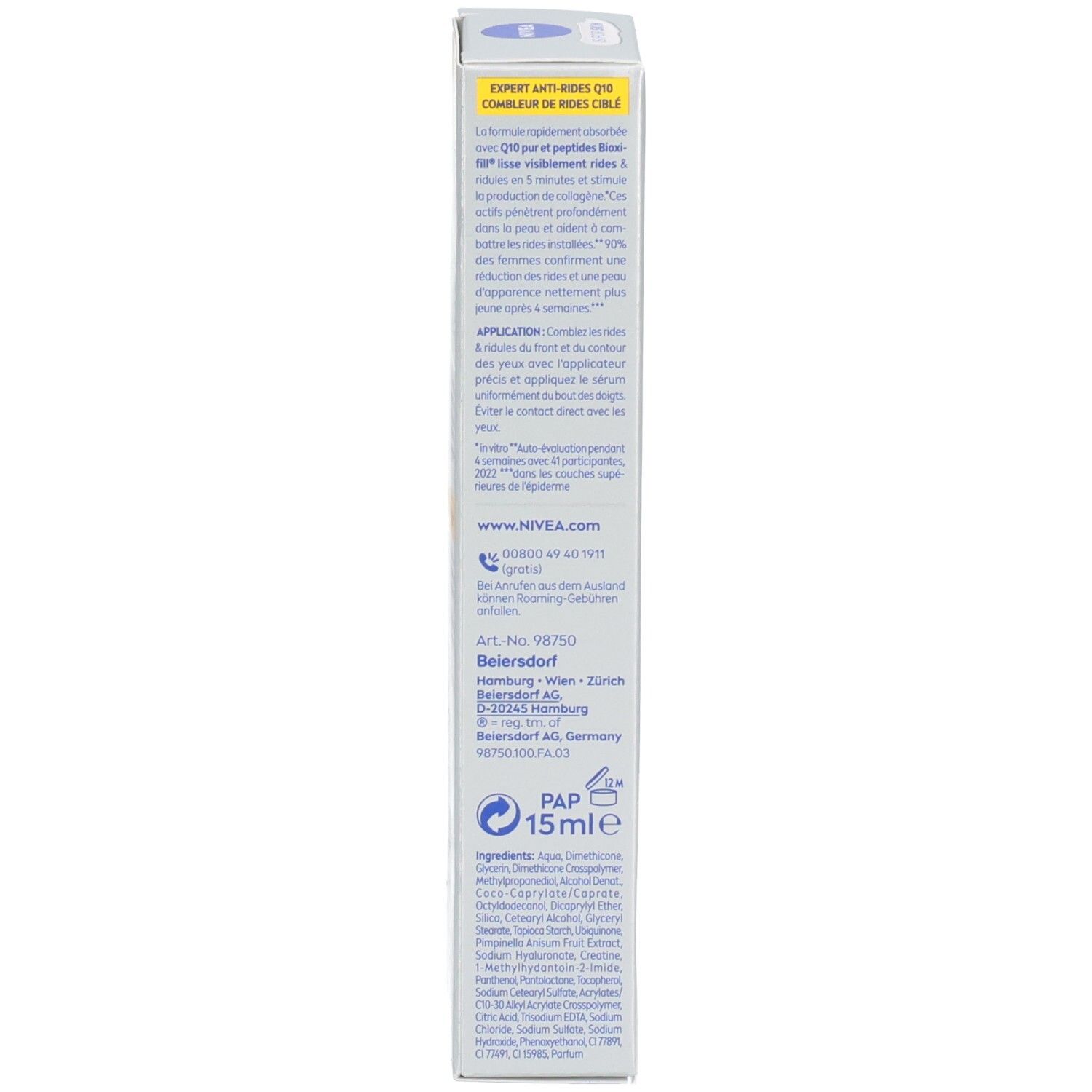 Rückseite der Produktverpackung. Text in mehreren Sprachen. NIVEA-Logo, Produktinformationen, Inhaltsstoffe, Herstelleradresse.