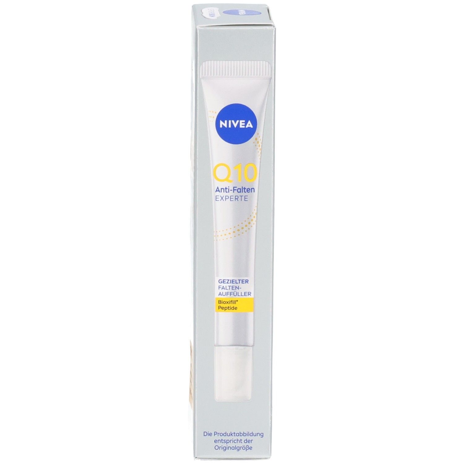 Produktverpackung mit Tube. NIVEA Q10 Anti-Falten EXPERTE. Gezielter Falten-Auffüller. Produktabbildung.