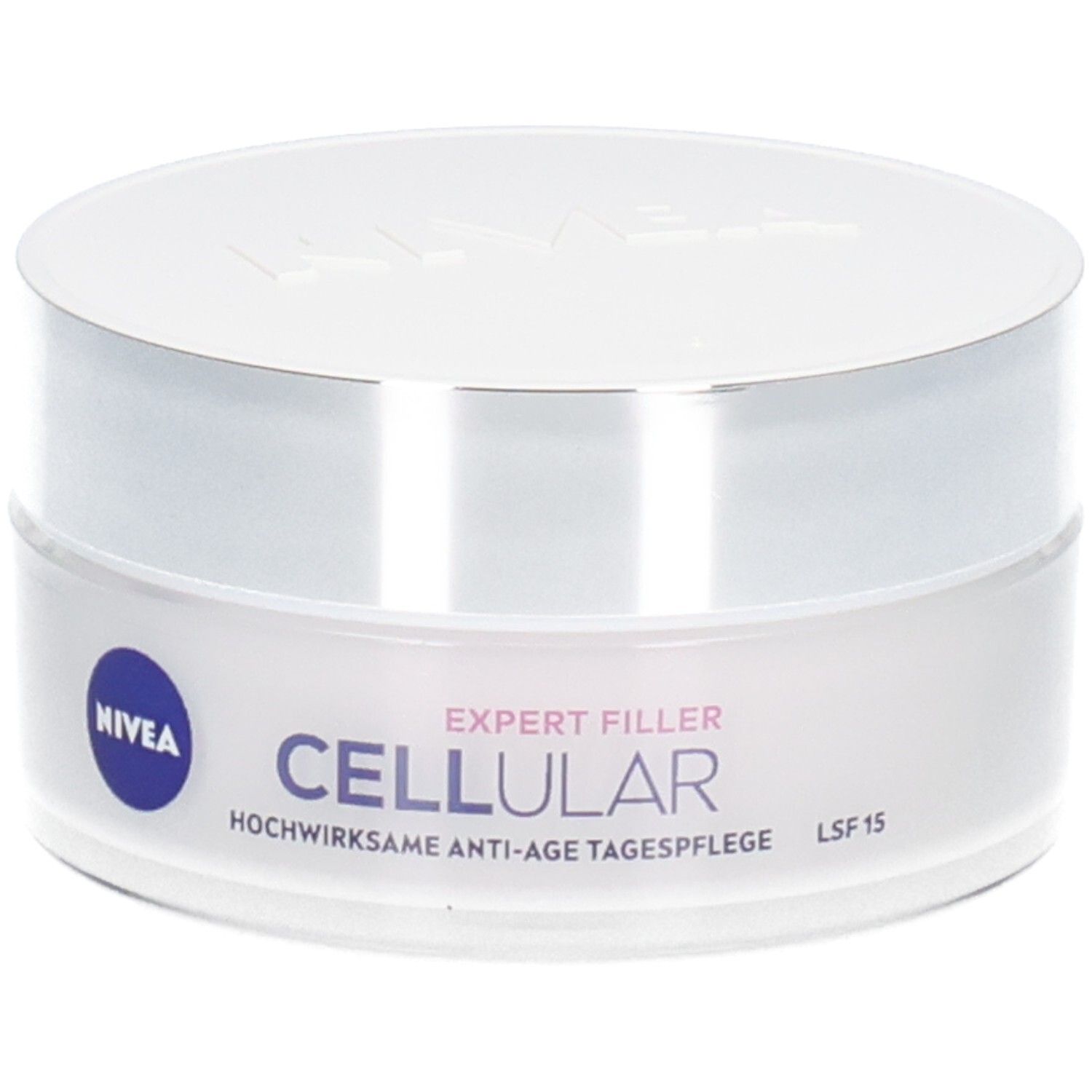 Weißer Tiegel mit silbernem Deckel. Aufschrift: NIVEA, CELLULAR EXPERT FILLER, Anti-Age Tagespflege LSF 15.