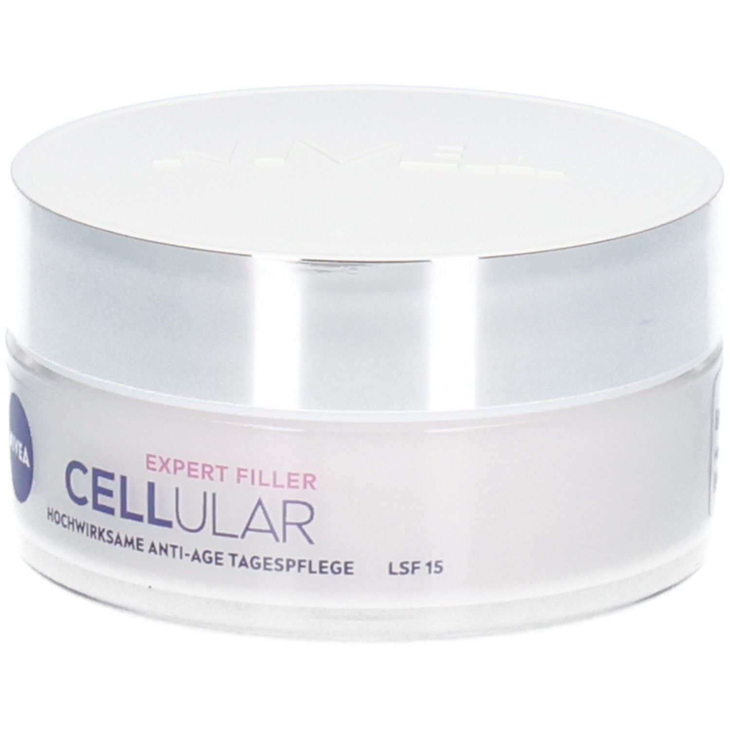 Weißer Tiegel mit silbernem Deckel. Aufschrift: NIVEA, CELLULAR EXPERT FILLER, Anti-Age Tagespflege LSF 15.