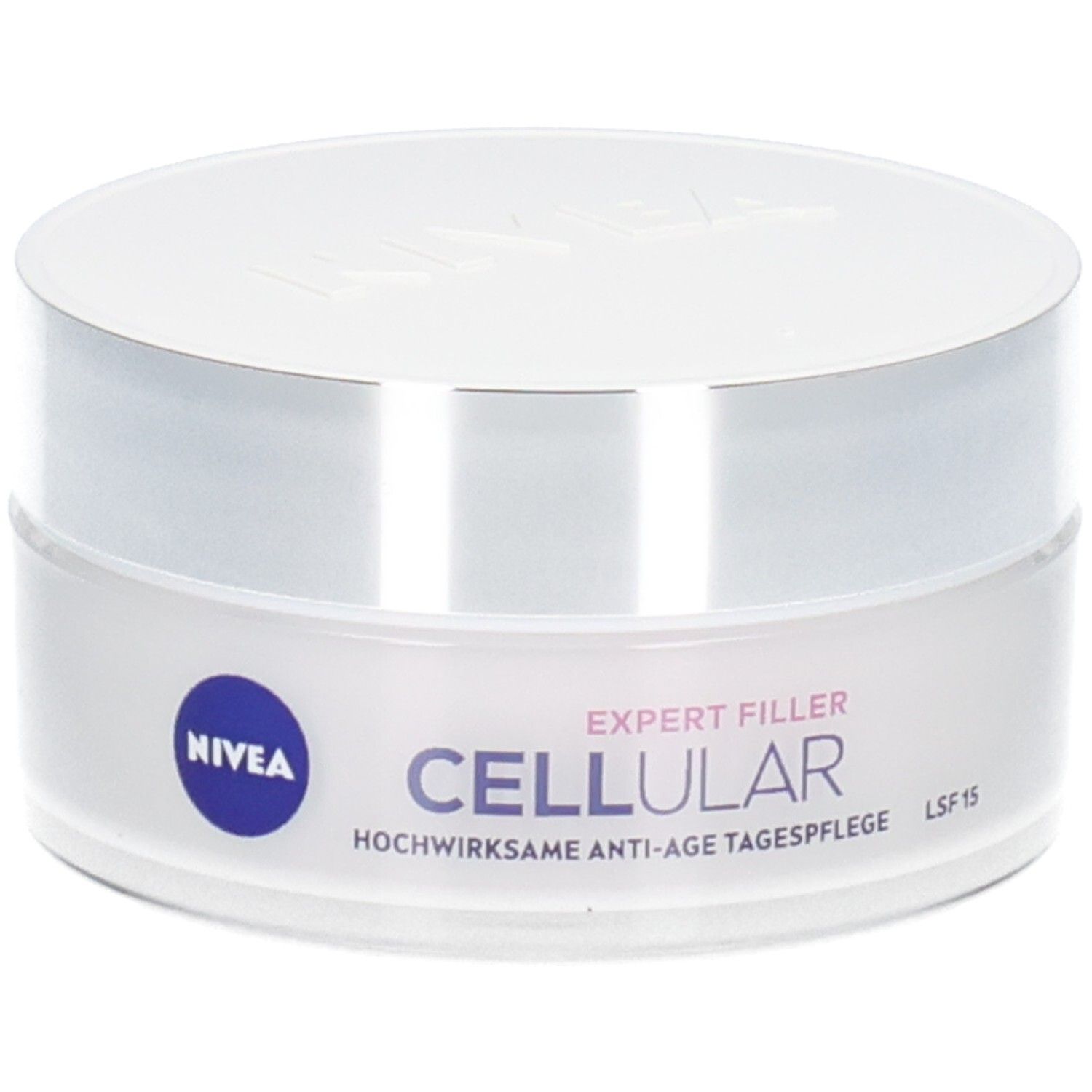 Weißer Tiegel mit silbernem Deckel. Aufschrift: NIVEA, CELLULAR EXPERT FILLER, Anti-Age Tagespflege LSF 15.