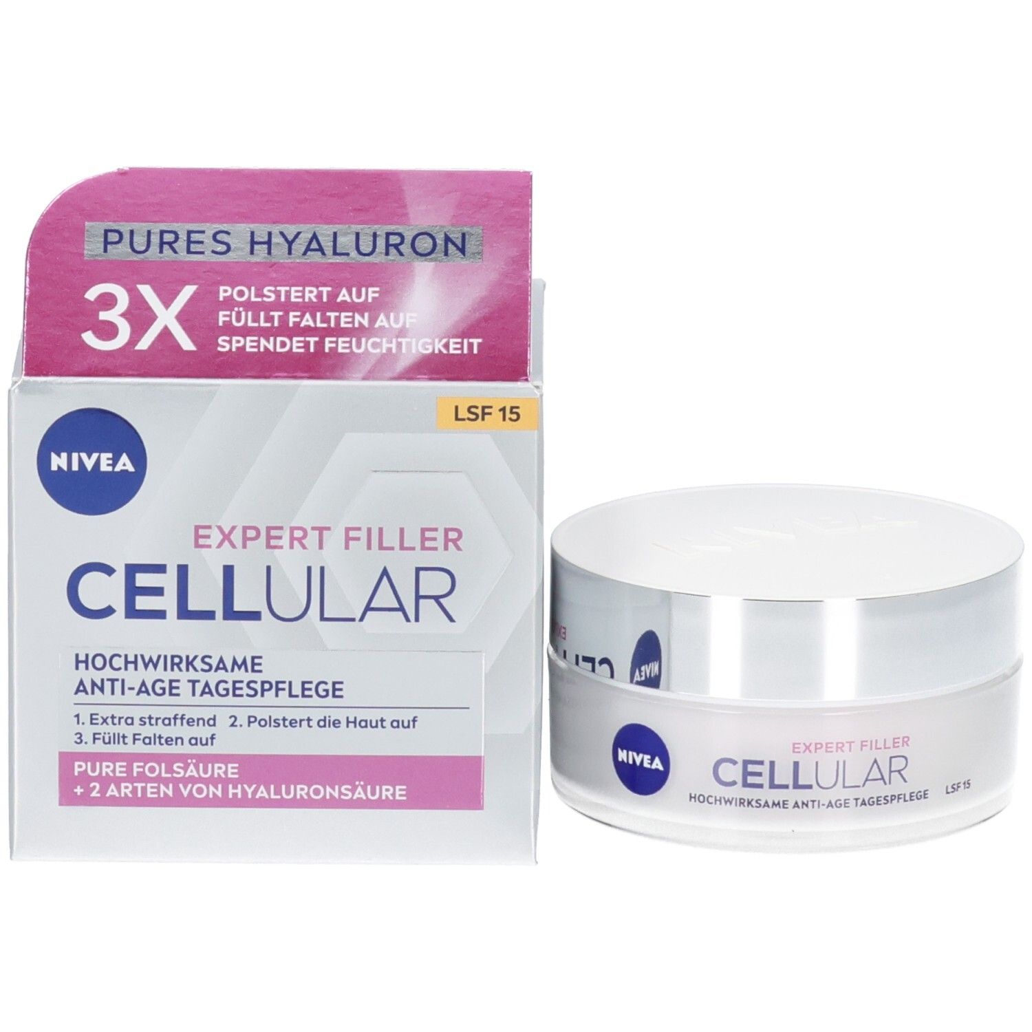 Produktverpackung mit Tiegel und Karton. Aufschrift: NIVEA, CELLULAR EXPERT FILLER, Anti-Age Tagespflege LSF 15.