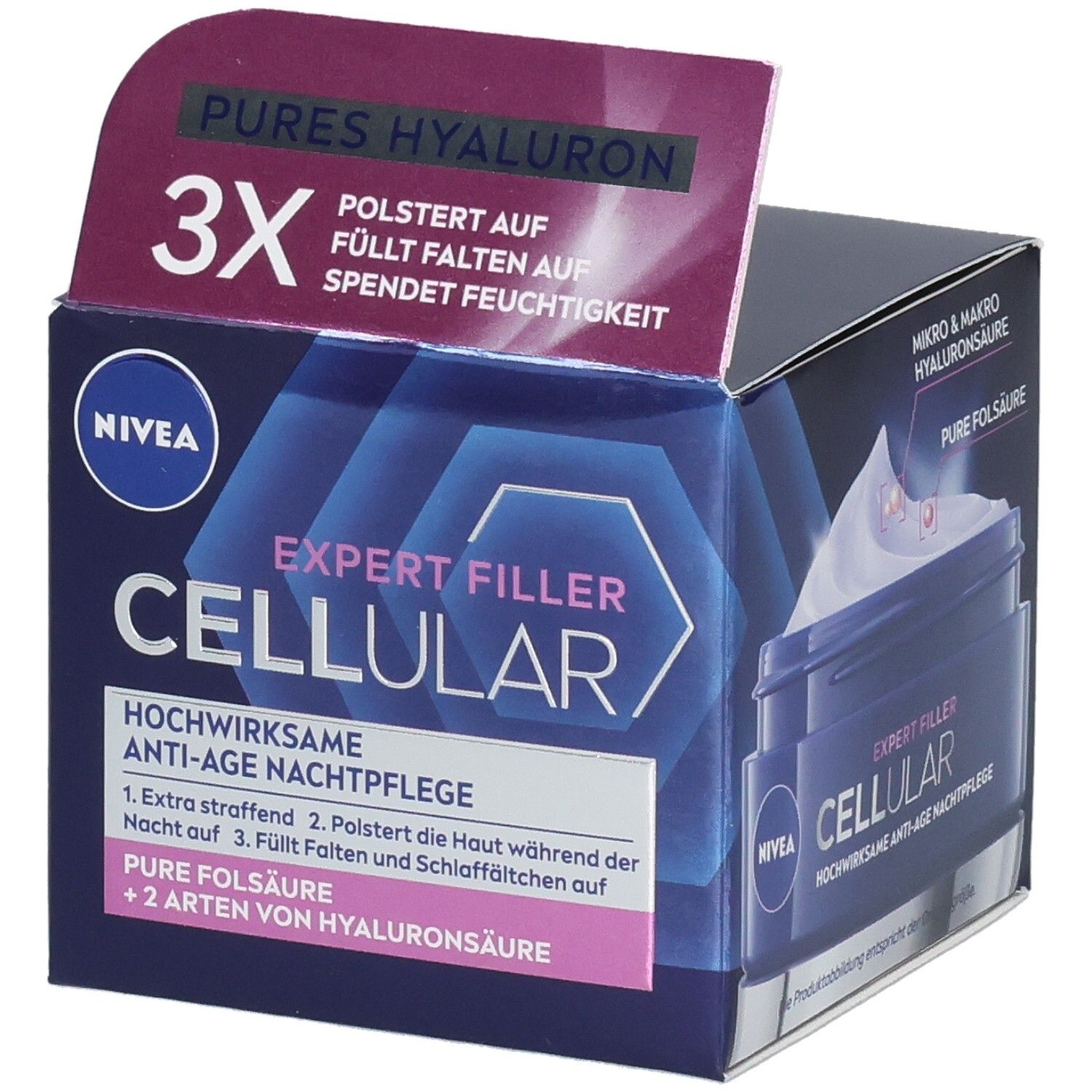 NIVEA CELLULAR Expert Filler Nachtpflege Verpackung. Box mit Produktinformationen und Logo. Lila und blaue Farbtöne.
