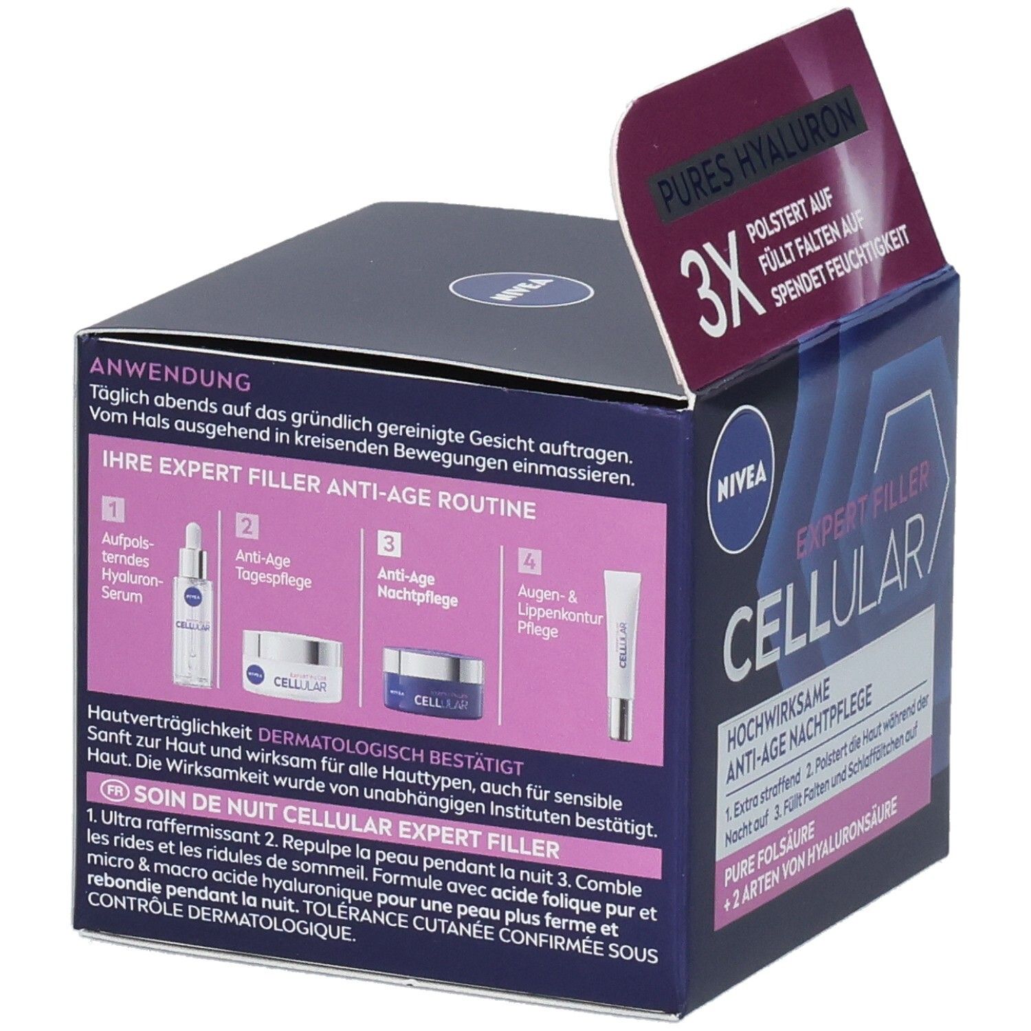 Rückseite der NIVEA CELLULAR Expert Filler Nachtpflege Verpackung. Produktanwendung und Inhaltsstoffe. Dermatologisch getestet.