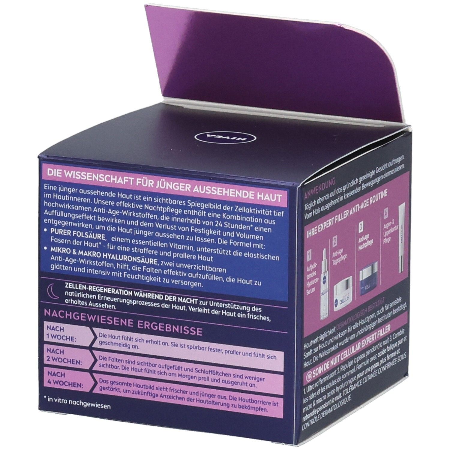 NIVEA CELLULAR Expert Filler Nachtpflege Verpackung. Informationen zur Hautpflege. Ergebnisse nach 1, 2 und 4 Wochen.