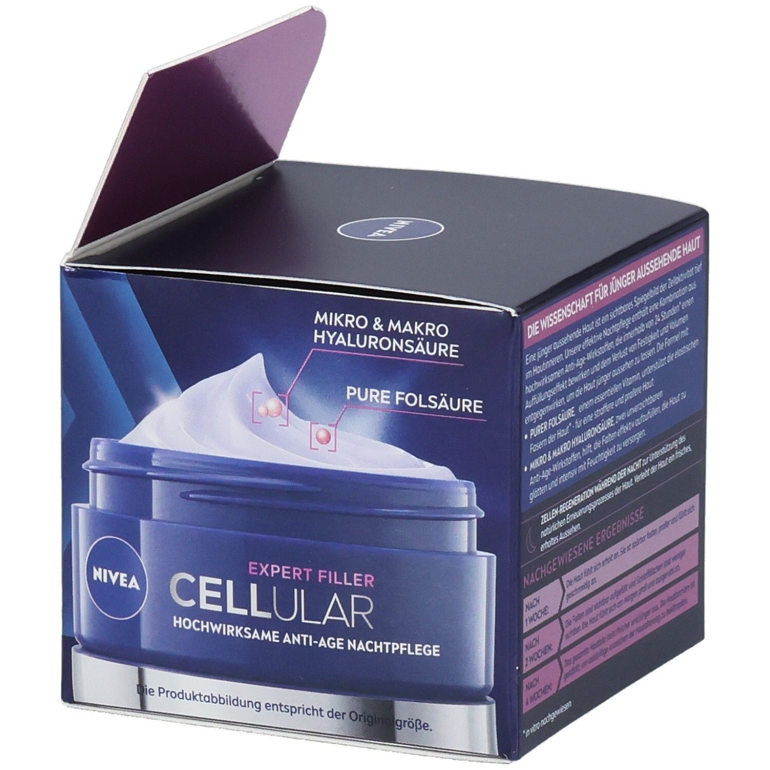 NIVEA CELLULAR Expert Filler Nachtpflege Verpackung. Produktabbildung. Blaue Creme-Dose mit weißer Creme.