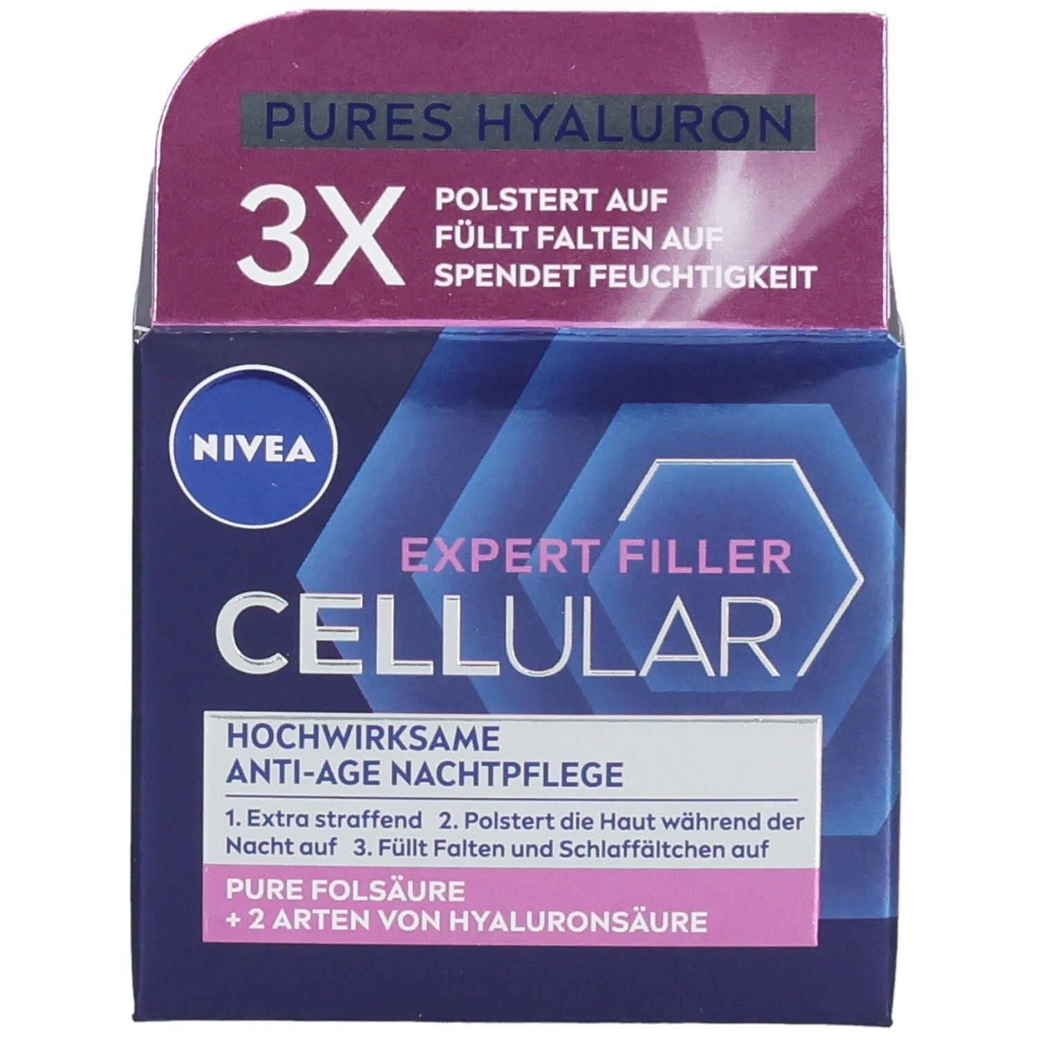 NIVEA CELLULAR Expert Filler Nachtpflege Verpackung. Vorderseite mit Produktnamen und Logo. Lila und blaue Farbtöne.