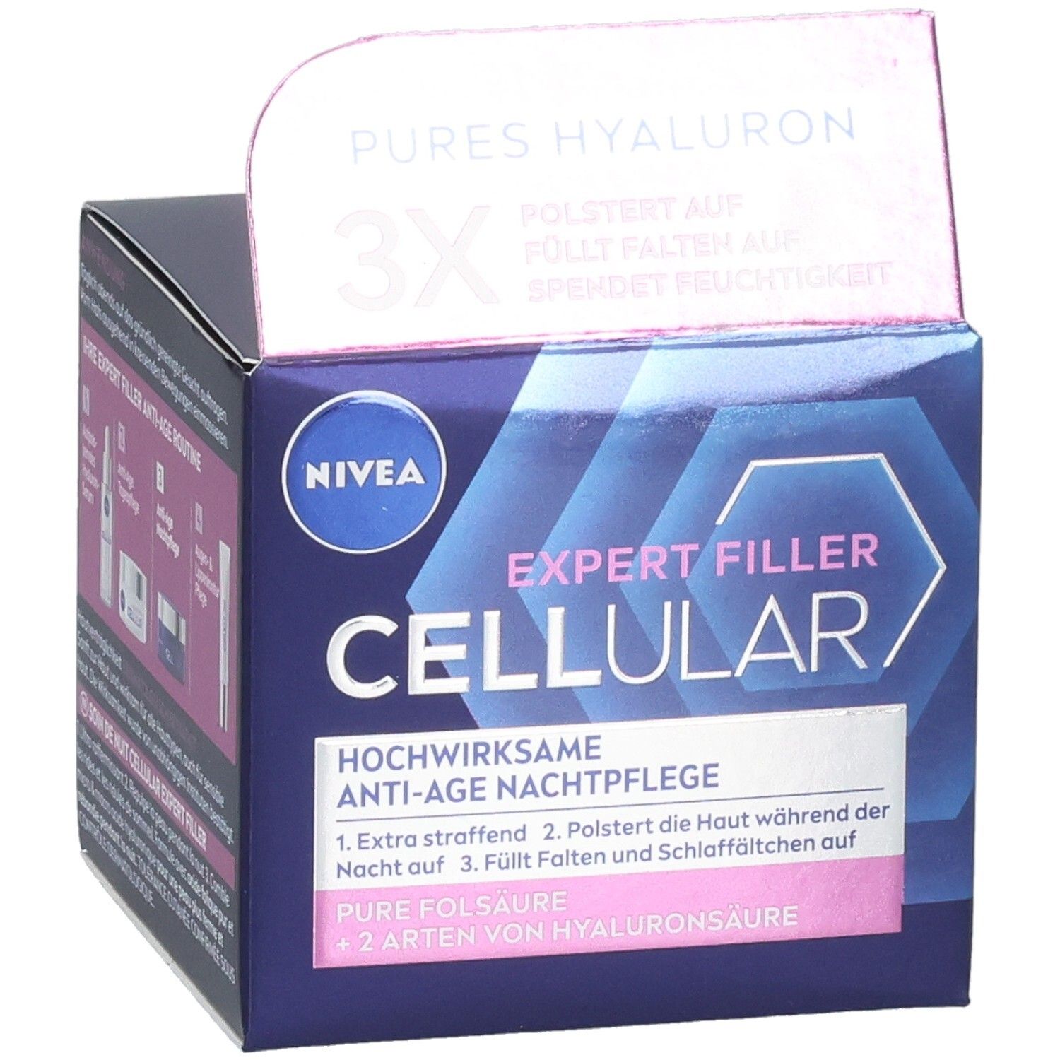NIVEA CELLULAR Expert Filler Nachtpflege Verpackung. Vorderseite mit Produktnamen und Logo. Lila und blaue Farbtöne.