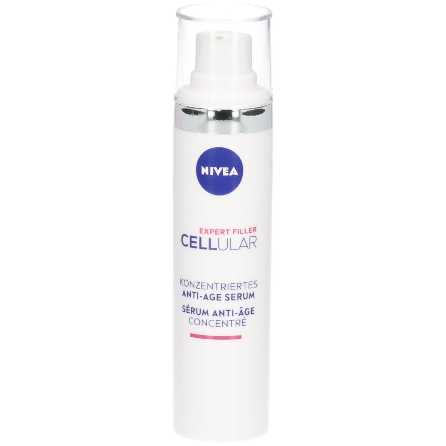 Weißes Serum mit Pumpkopf und durchsichtiger Kappe. NIVEA CELLULAR Expert Filler. Anti-Age Serum.