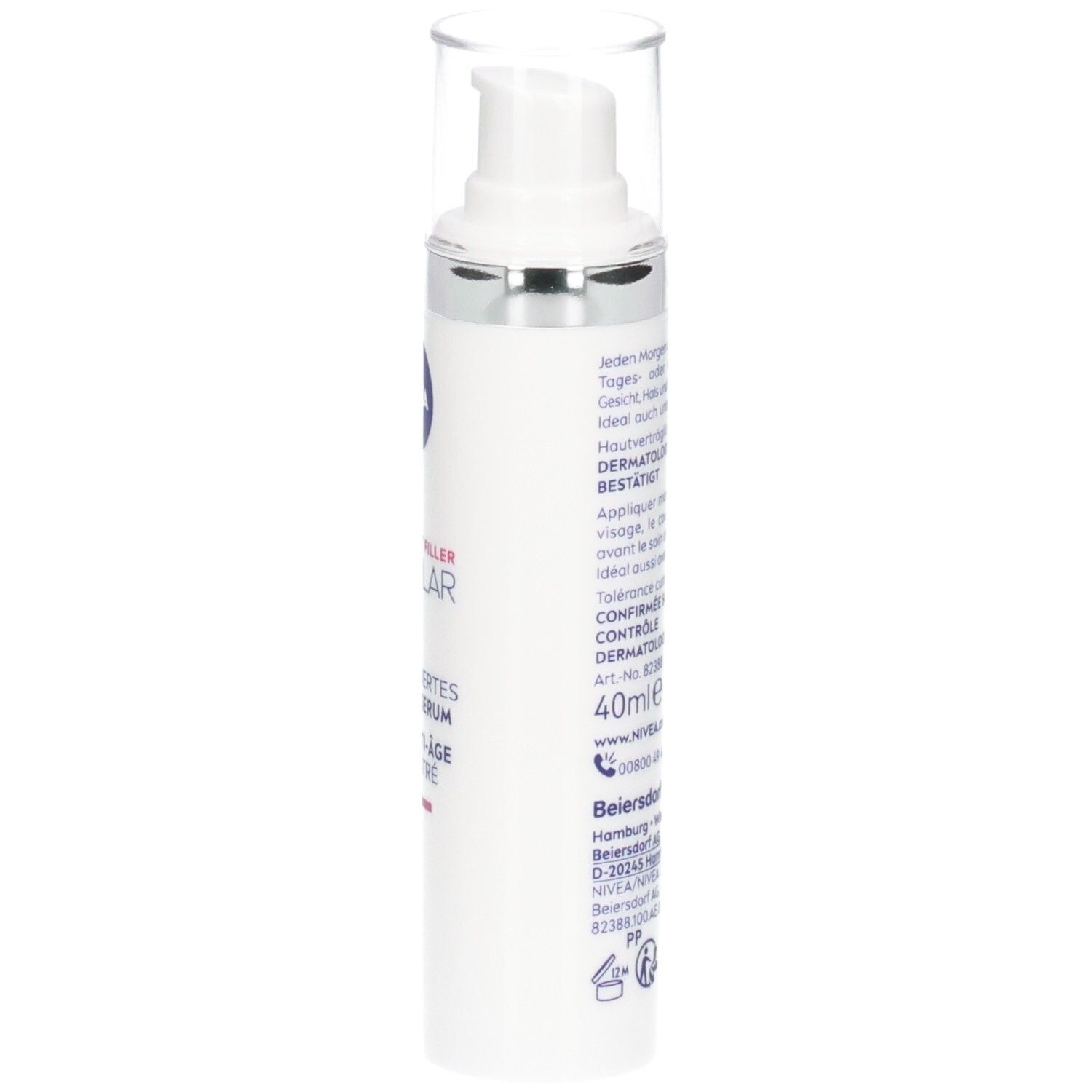Weißes Serum mit Pumpkopf und durchsichtiger Kappe. Text auf der Seite. 40ml. NIVEA CELLULAR.