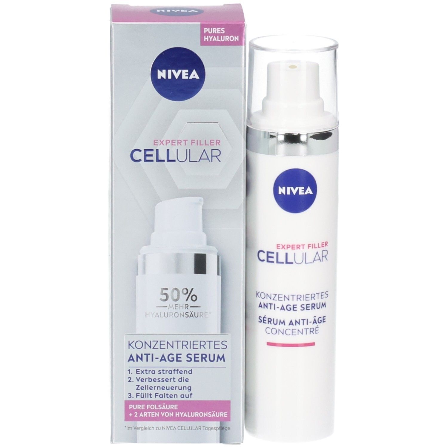 Serum mit Verpackung. NIVEA CELLULAR Expert Filler. Anti-Age Serum. 50% mehr Hyaluronsäure.