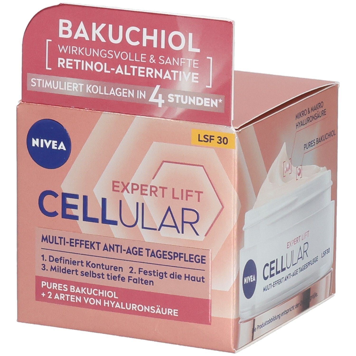 Verpackung von NIVEA CELLULAR Expert Lift Tagespflege. Rosa-weiße Schachtel mit Produktinformationen und Logo.