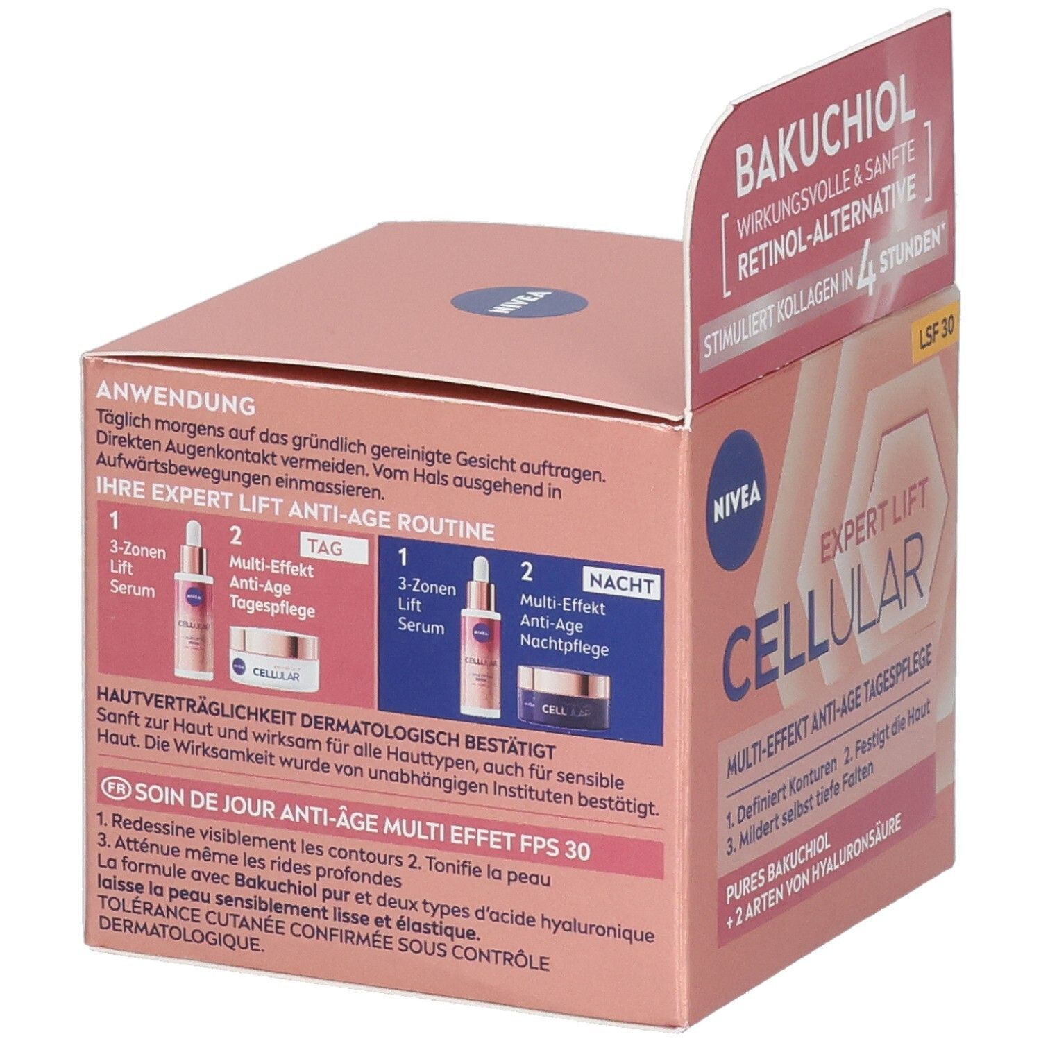 Rückseite der Verpackung von NIVEA CELLULAR Expert Lift Tagespflege. Text über Anwendung und Inhaltsstoffe.