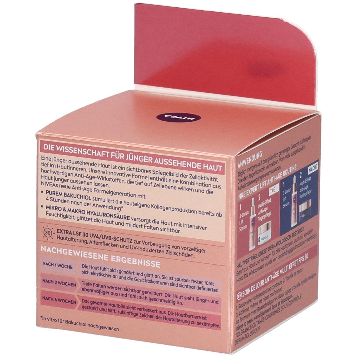 Verpackung von NIVEA CELLULAR Expert Lift Tagespflege. Text über die Wirkung und Inhaltsstoffe auf der Verpackung.