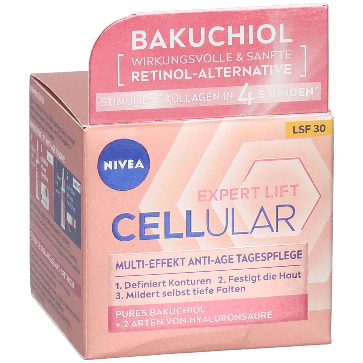 Verpackung von NIVEA CELLULAR Expert Lift Tagespflege. Rosa-weiße Schachtel mit Produktinformationen und Logo.