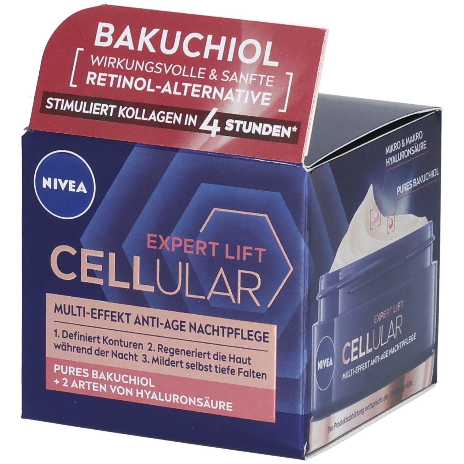 NIVEA CELLULAR Expert Lift Nachtpflege Box. Bakuchiol, Retinol-Alternative. Multi-Effekt Anti-Age Nachtpflege. Blaue Verpackung mit Produktbild.