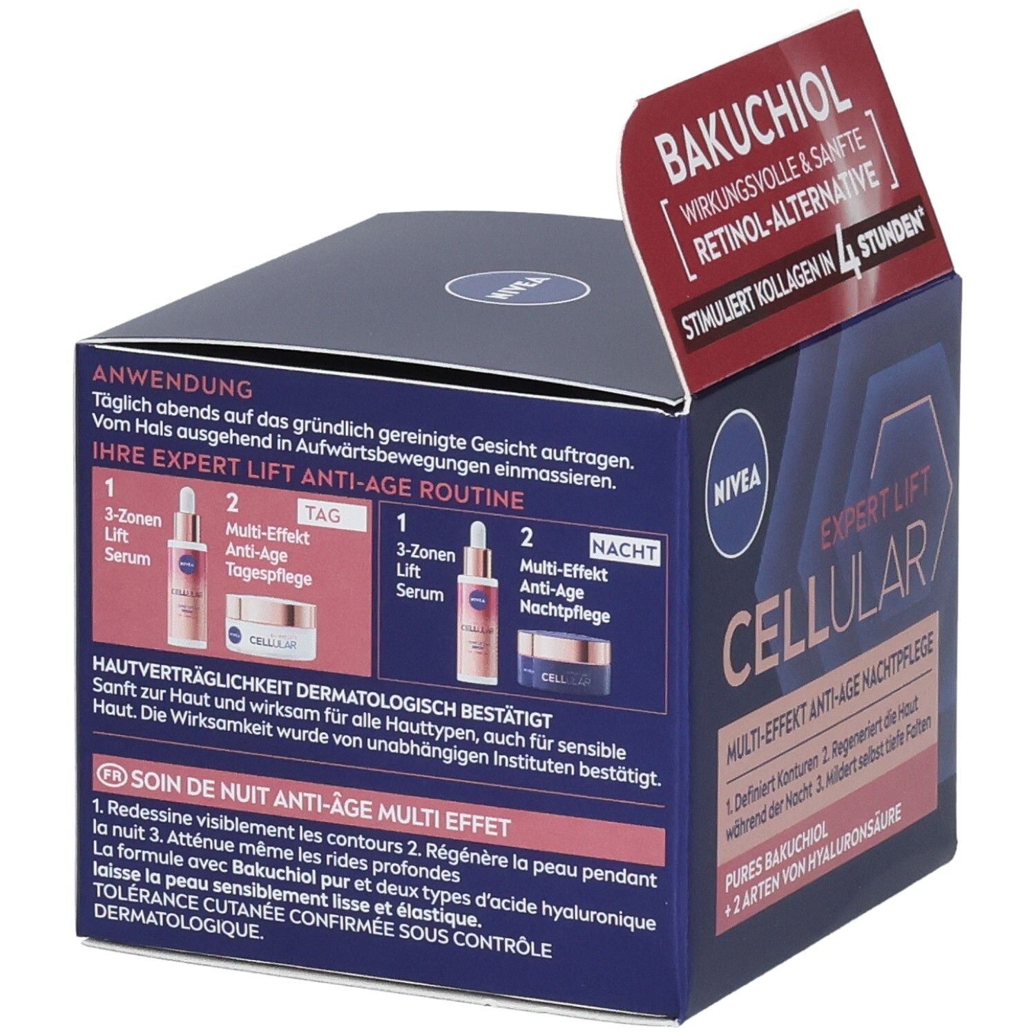 Rückseite der NIVEA CELLULAR Expert Lift Nachtpflege Box. Anwendungshinweise und Inhaltsstoffe. Dermatologisch bestätigt. Blaue Verpackung.