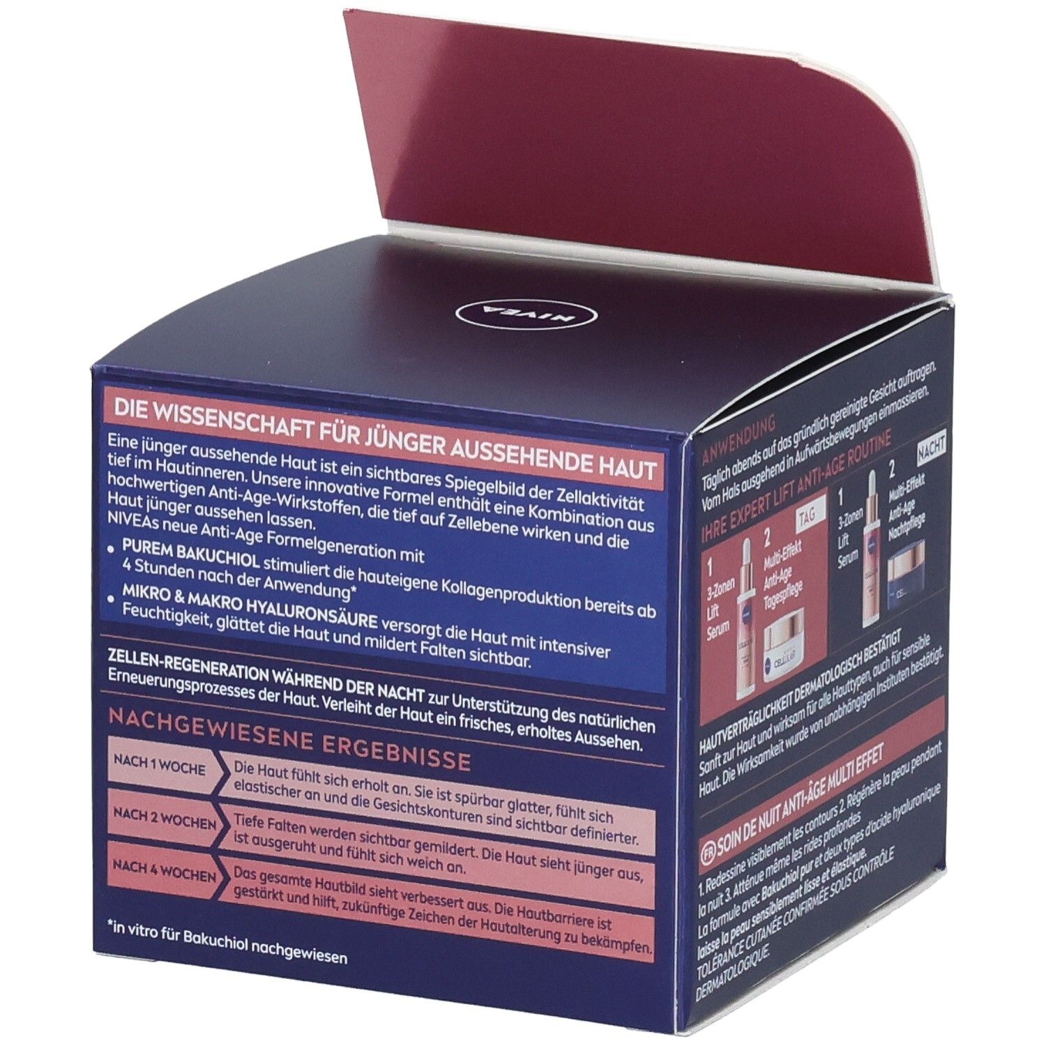 NIVEA CELLULAR Expert Lift Nachtpflege Box, geöffnet. Informationen zur Hautpflege. Blaue Verpackung mit Produktabbildung und Text.