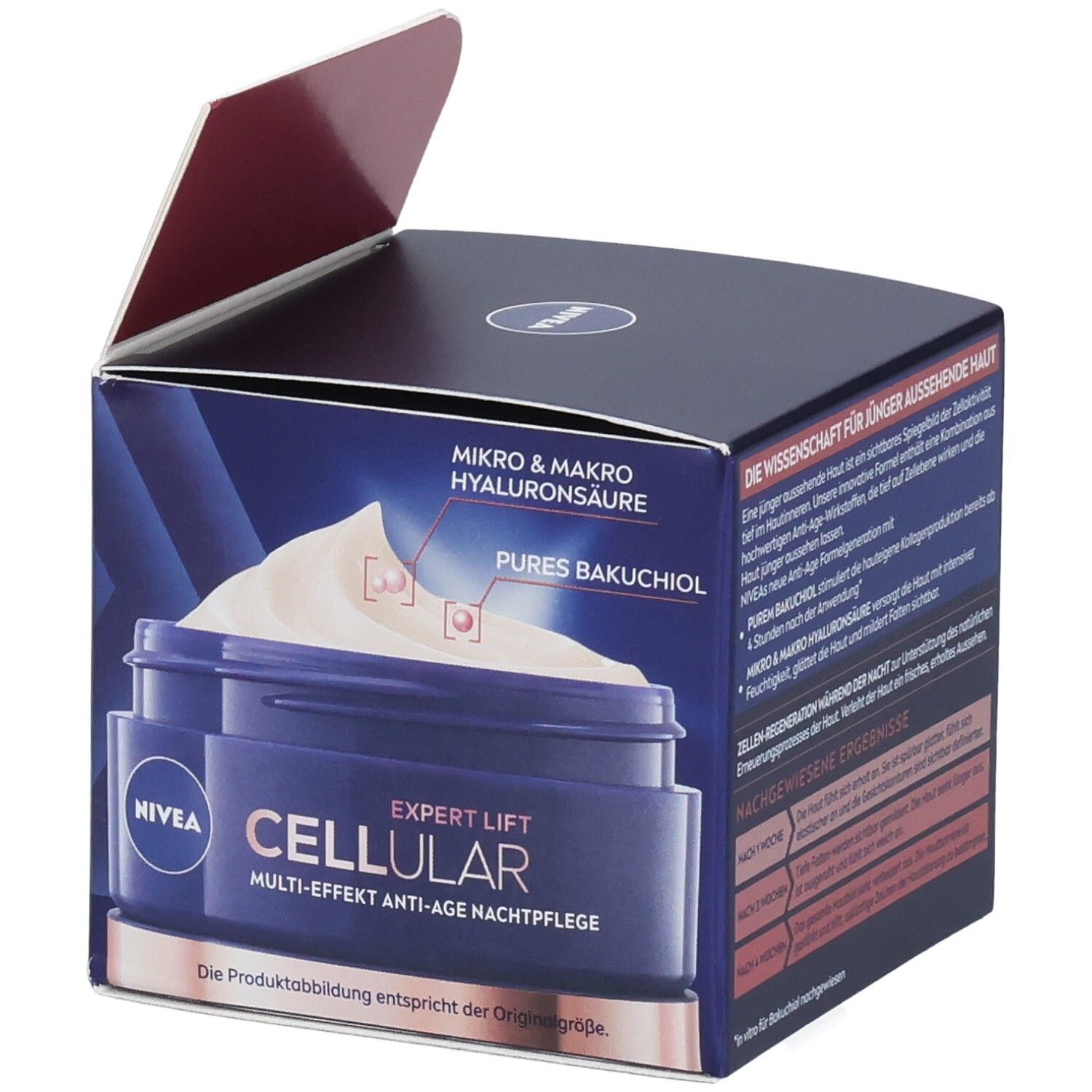 NIVEA CELLULAR Expert Lift Nachtpflege Box, geöffnet. Produkt und Inhaltsstoffe. Blaue Verpackung mit Creme-Abbildung und Text.