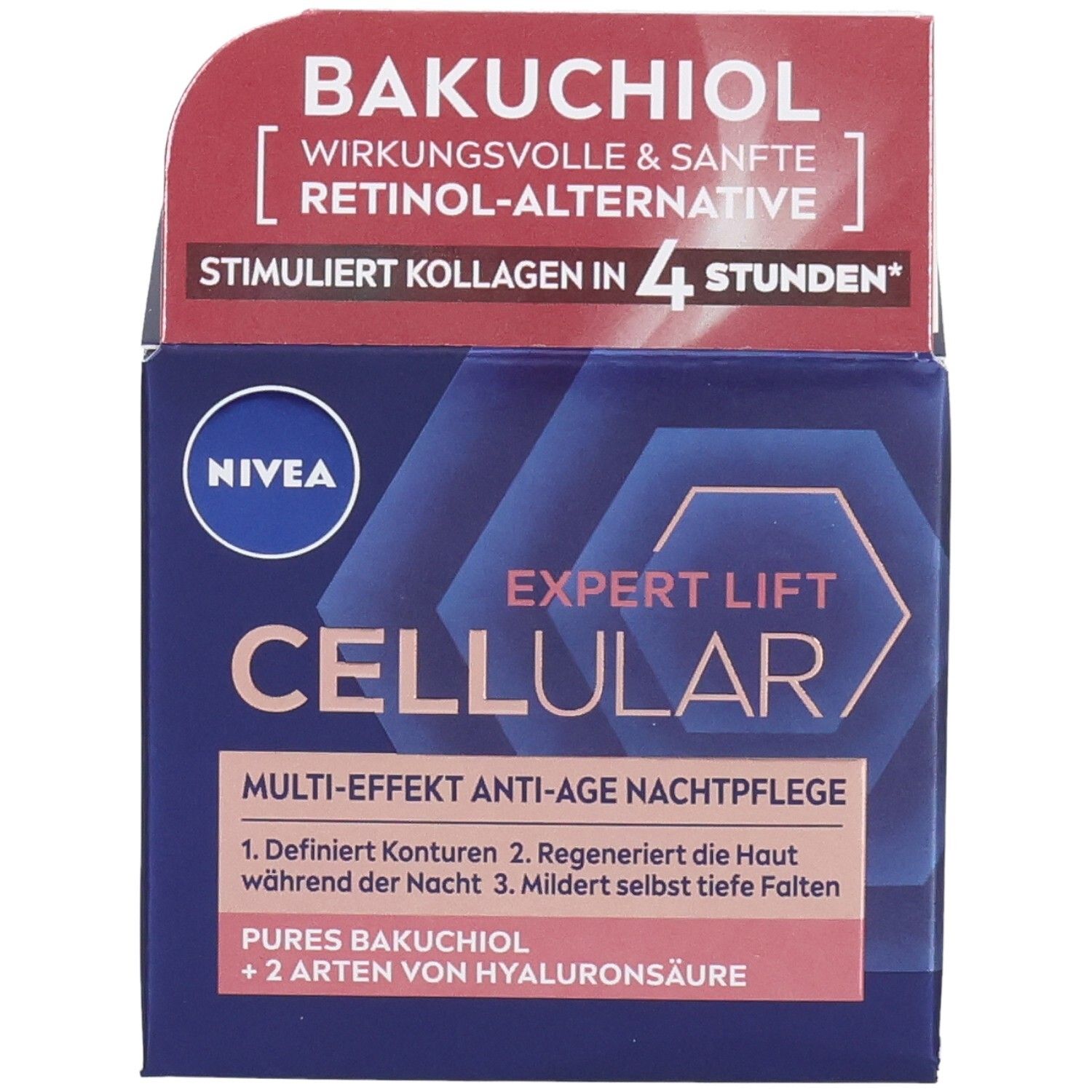 Vorderseite der NIVEA CELLULAR Expert Lift Nachtpflege Box. Produktname und Eigenschaften. Blaue Verpackung mit rotem Akzent.