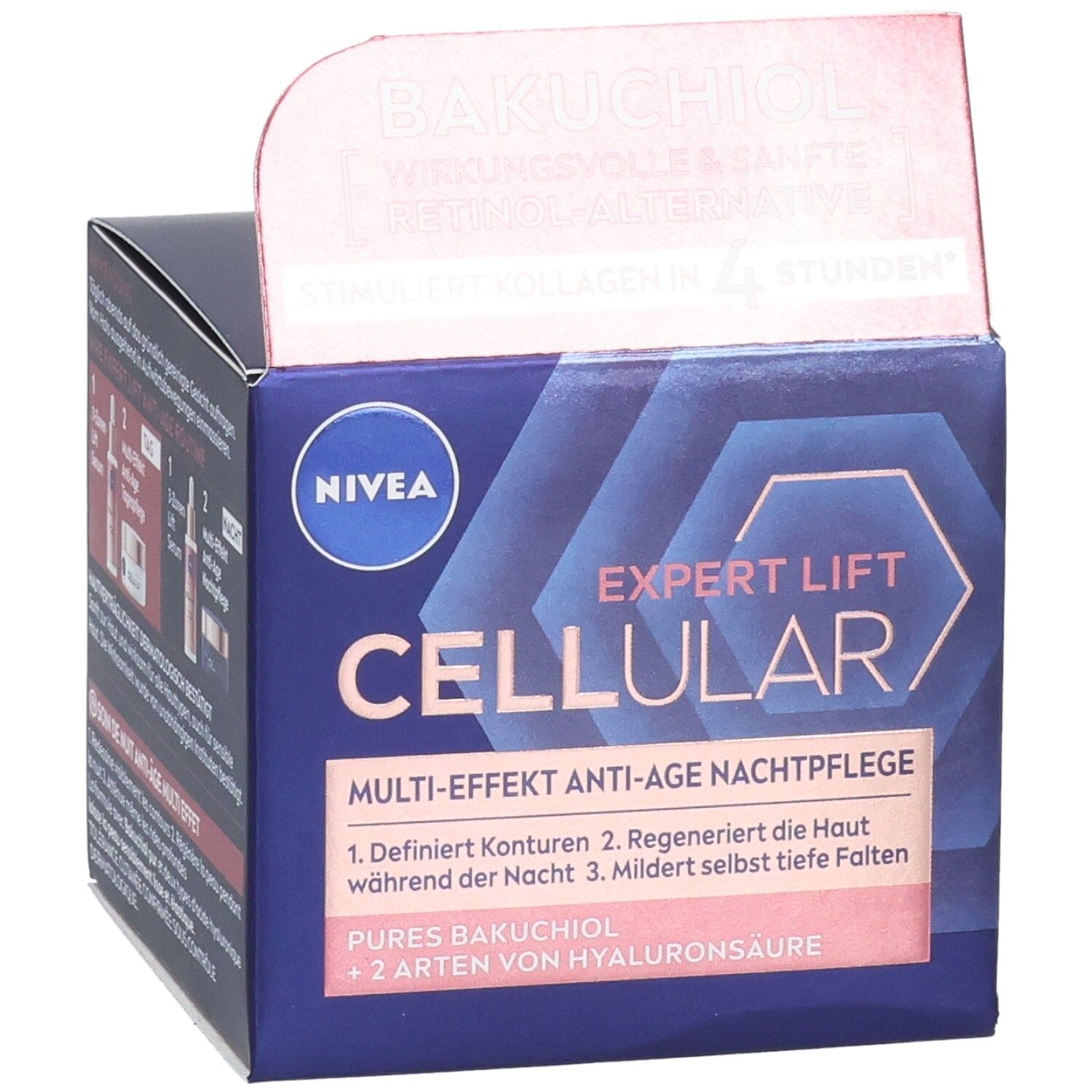 NIVEA CELLULAR Expert Lift Nachtpflege Box, geöffnet. Produktname und Eigenschaften. Blaue Verpackung mit rotem Akzent.