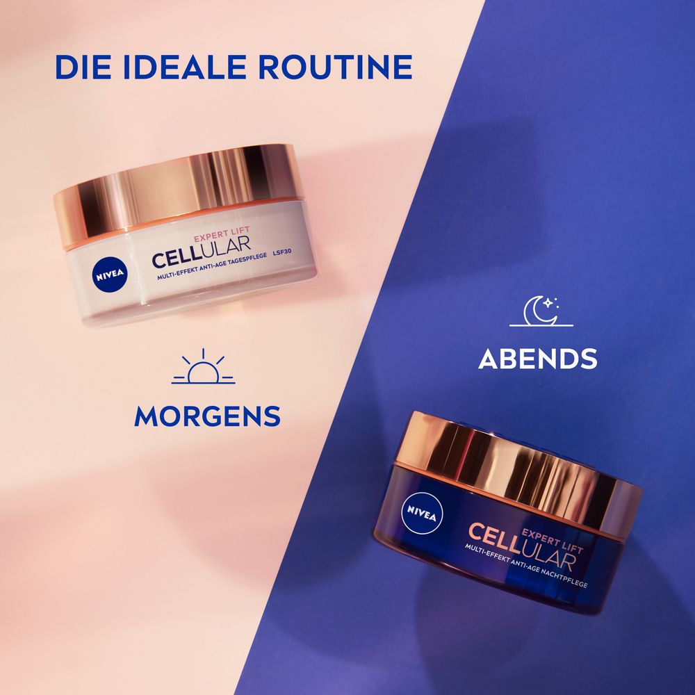 NIVEA Cellular Expert Lift Nachtpflege Karton geöffnet. Mit Bakuchiol und Hyaluronsäure.