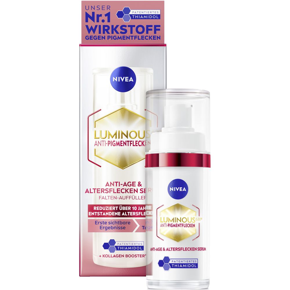 Nivea Luminous 630 Anti-Aging Serum mit Spenderflasche und Verpackung.