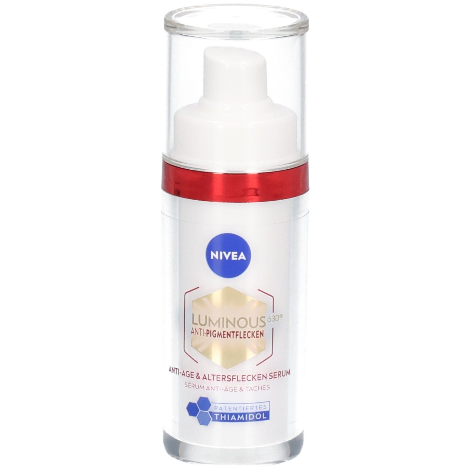 Weißes Serum mit rotem Ring und transparentem Deckel. Aufschrift: NIVEA, Luminous630 Anti-Pigmentflecken Serum.