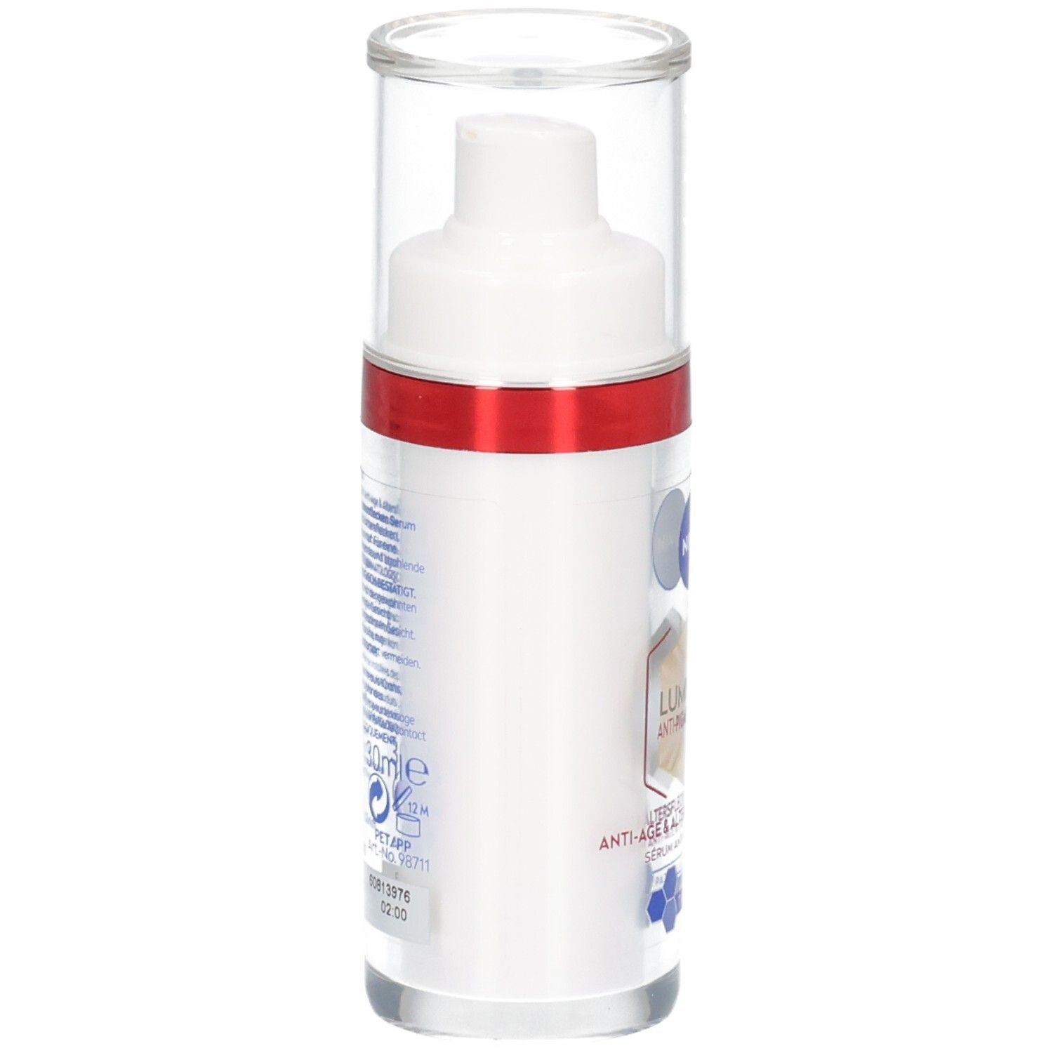 Rückseite des weißen Serums. Text in mehreren Sprachen. Aufschrift: NIVEA, Luminous630 Anti-Pigmentflecken Serum.