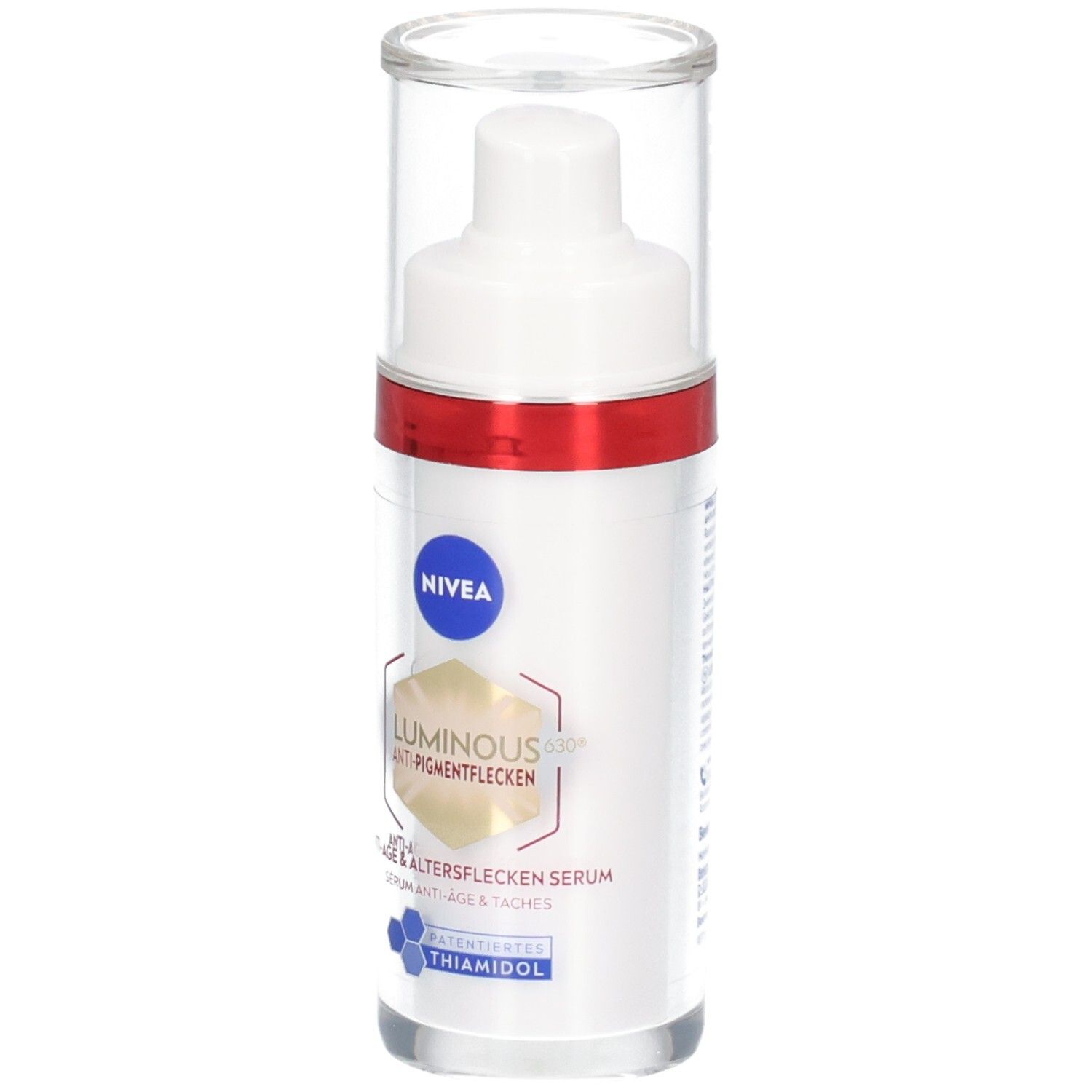 Weißes Serum mit rotem Ring und transparentem Deckel. Aufschrift: NIVEA, Luminous630 Anti-Pigmentflecken Serum.