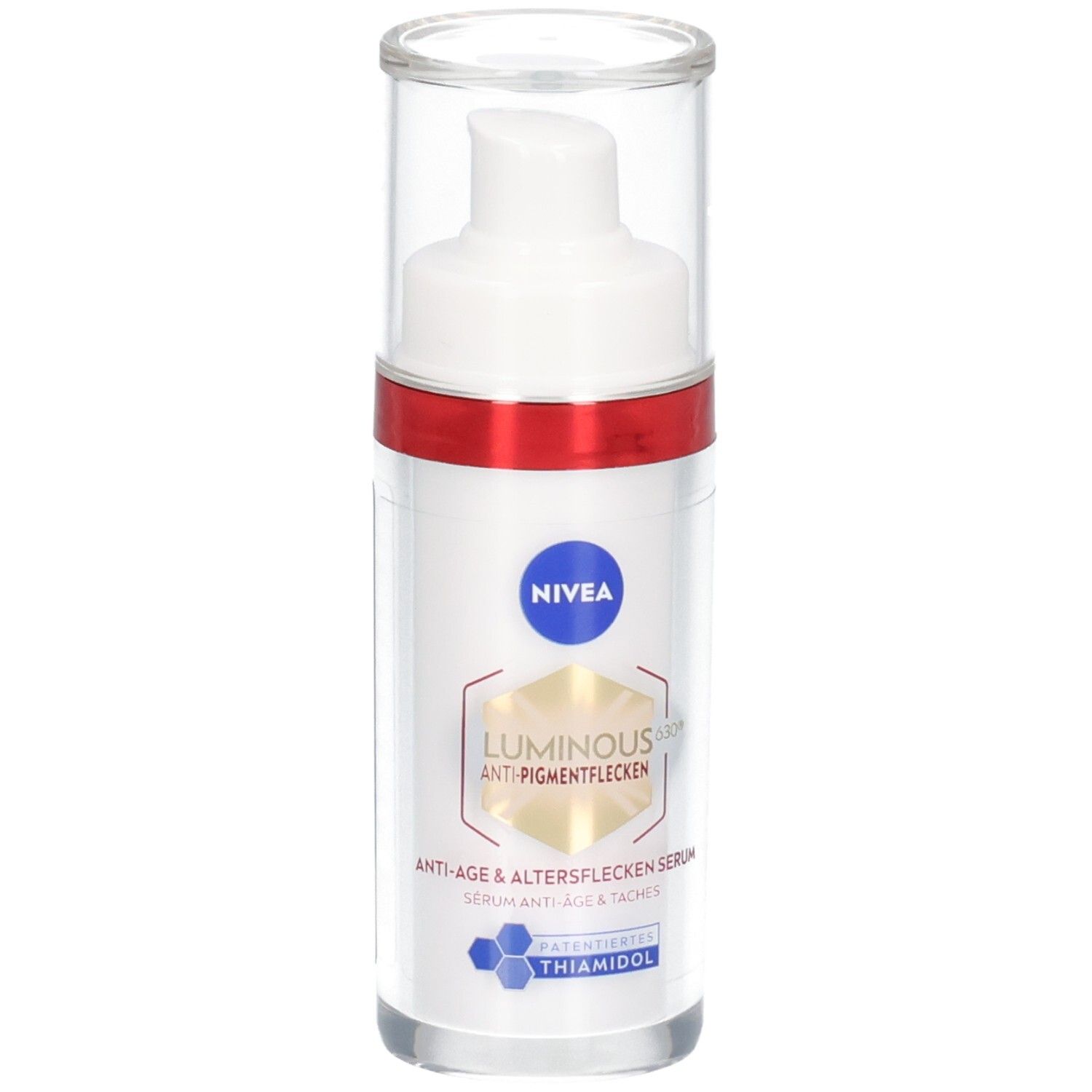 Weißes Serum mit rotem Ring und transparentem Deckel. Aufschrift: NIVEA, Luminous630 Anti-Pigmentflecken Serum.