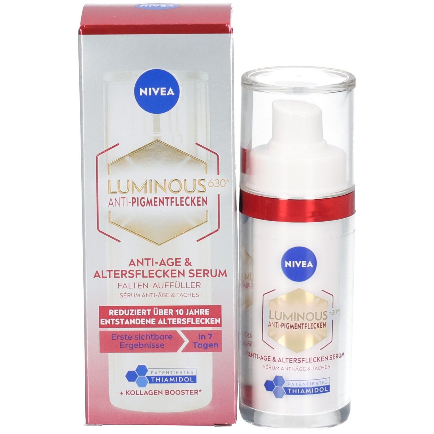 Produktverpackung und Serum. Aufschrift: NIVEA, Luminous630 Anti-Pigmentflecken Serum. Falten-Auffüller.