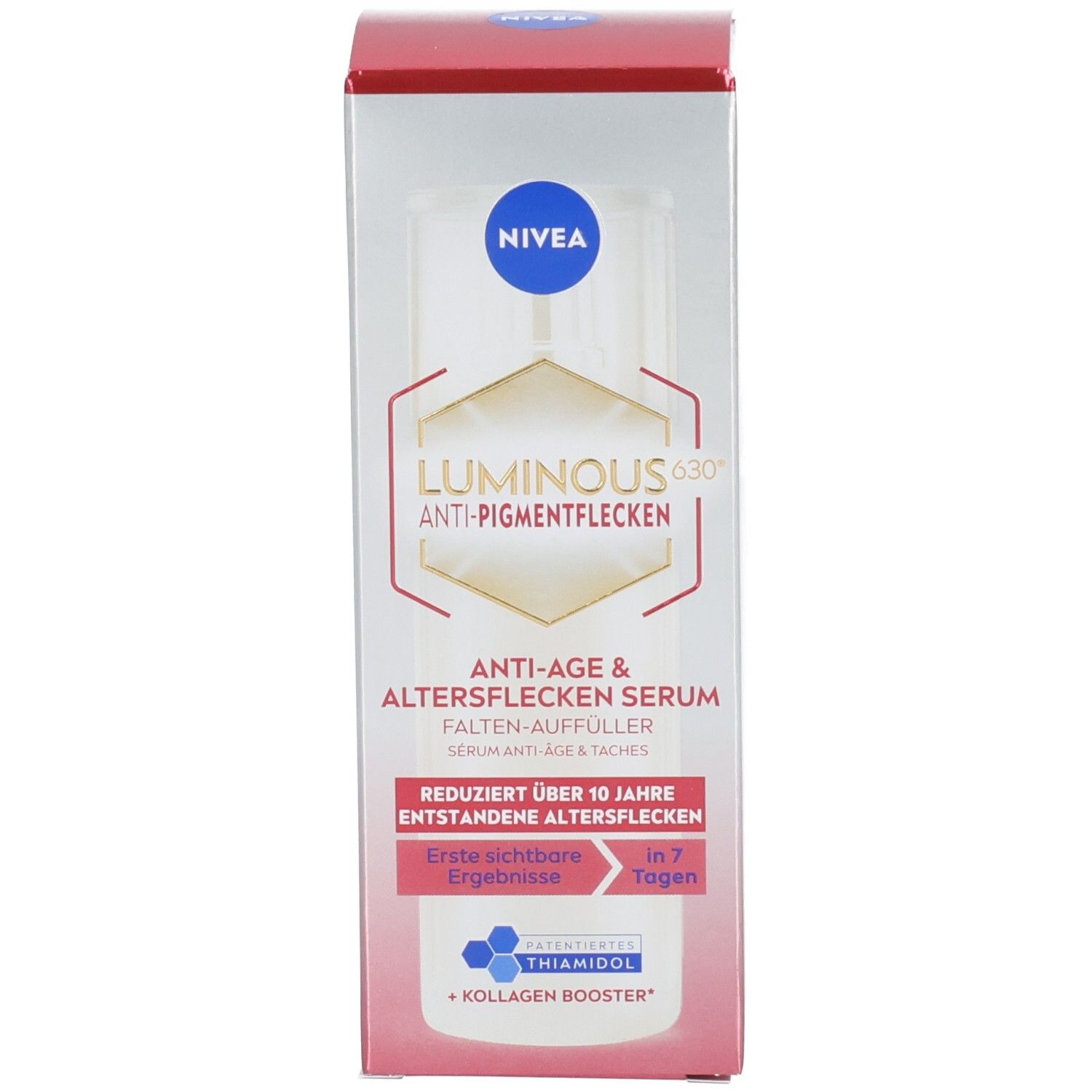 Produktverpackung. Aufschrift: NIVEA, Luminous630 Anti-Pigmentflecken Serum. Falten-Auffüller.